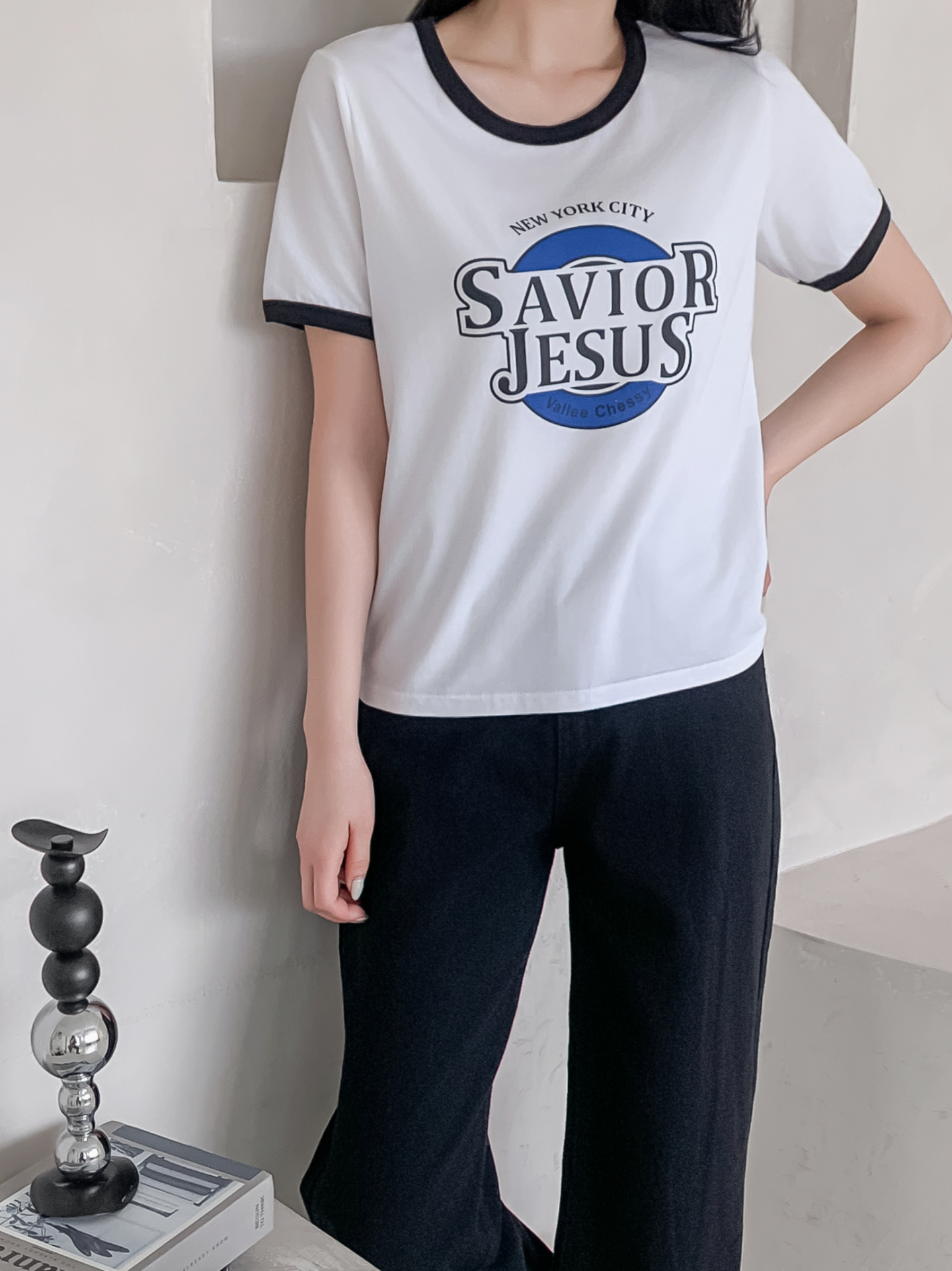 ラウンドネックルーズ半袖プリント配色ラインTシャツ | 詳細画像21