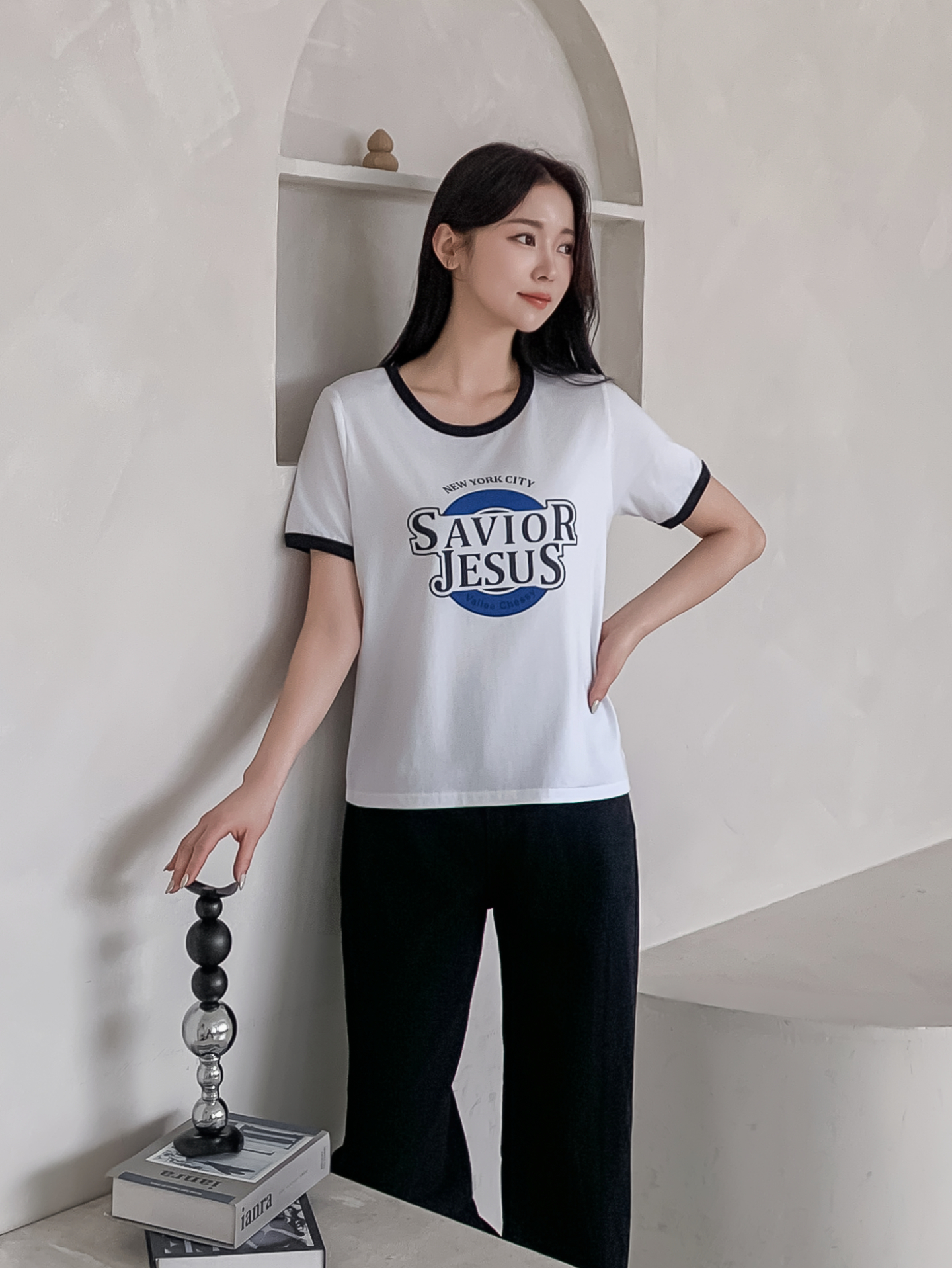 ラウンドネックルーズ半袖プリント配色ラインTシャツ | 詳細画像23