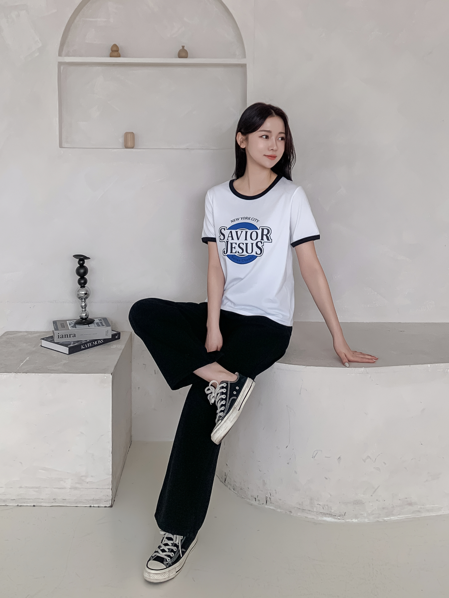 ラウンドネックルーズ半袖プリント配色ラインTシャツ | 詳細画像24