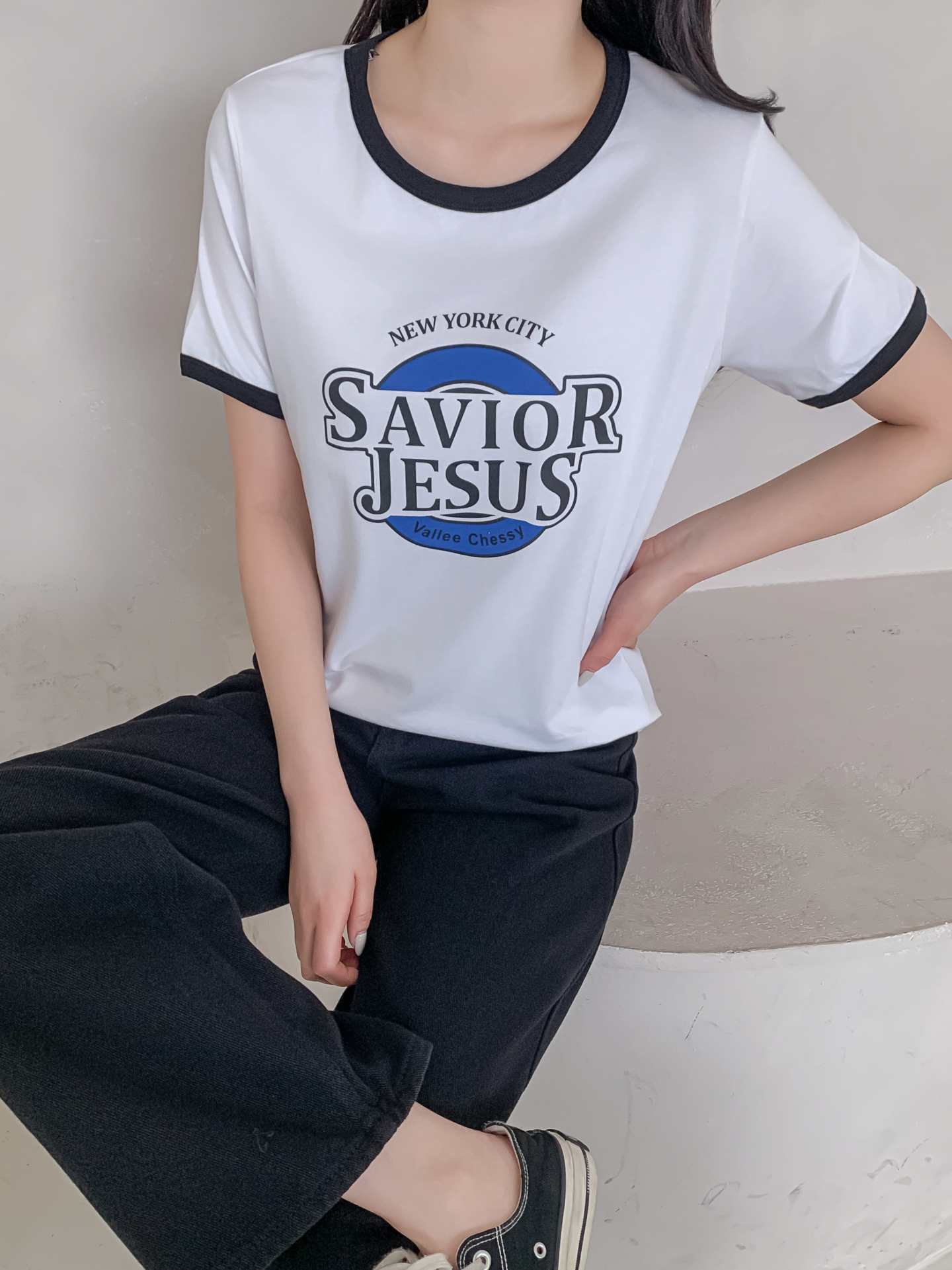 ラウンドネックルーズ半袖プリント配色ラインTシャツ | 詳細画像29