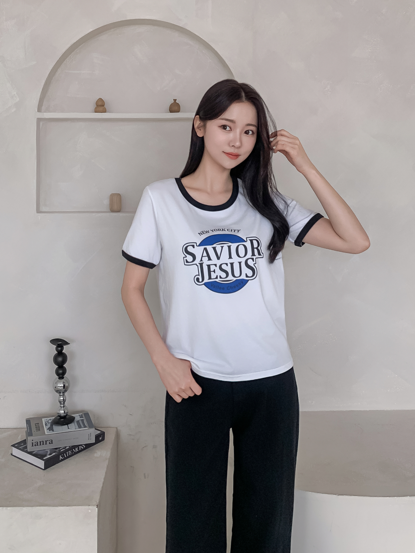 ラウンドネックルーズ半袖プリント配色ラインTシャツ | 詳細画像30