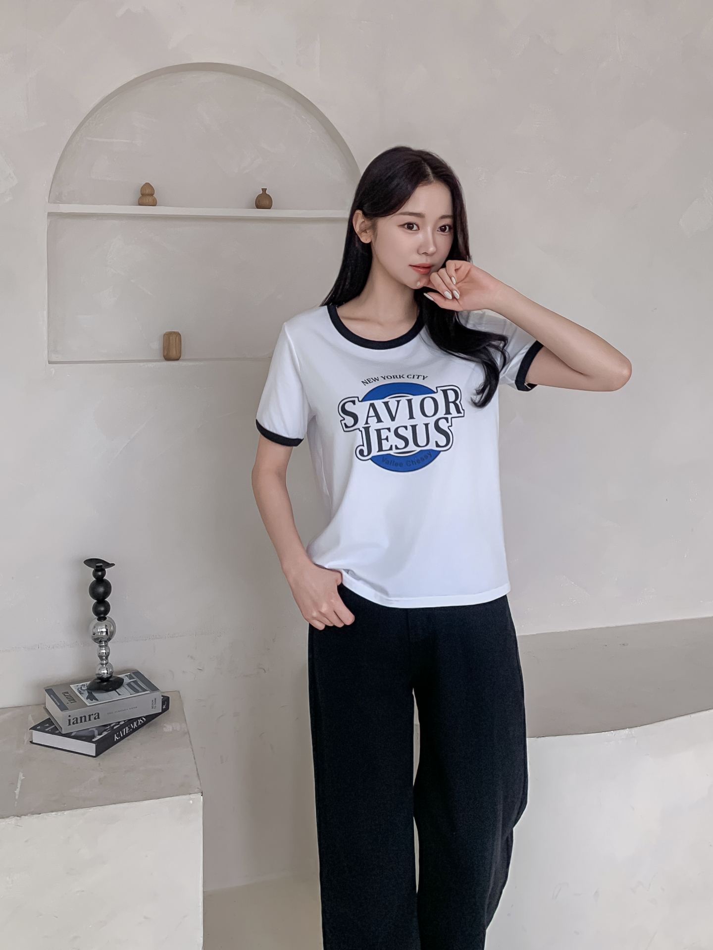 ラウンドネックルーズ半袖プリント配色ラインTシャツ | 詳細画像25