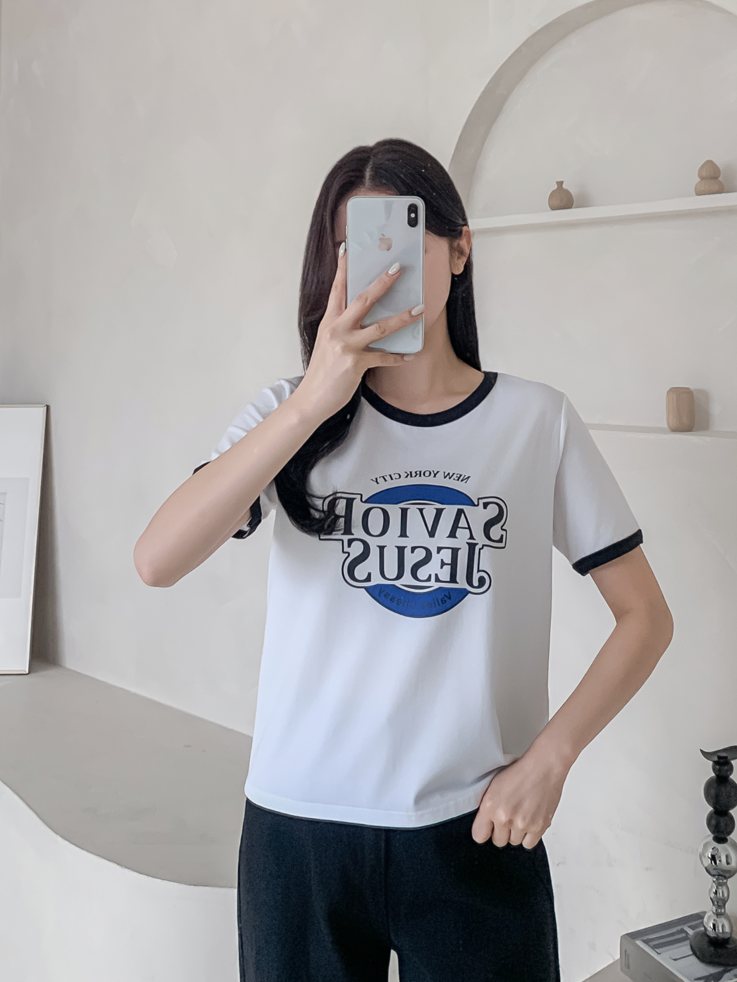 ラウンドネックルーズ半袖プリント配色ラインTシャツ | 詳細画像26