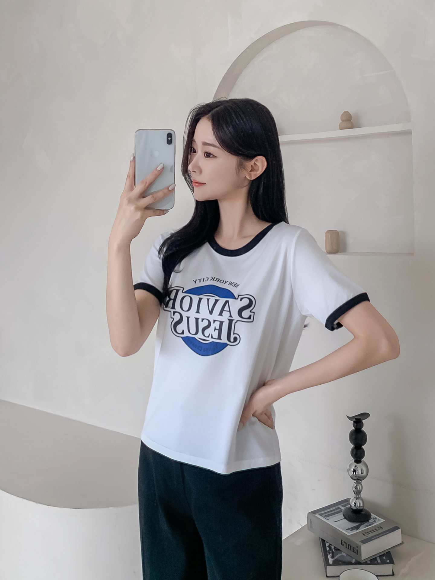 ラウンドネックルーズ半袖プリント配色ラインTシャツ | 詳細画像27