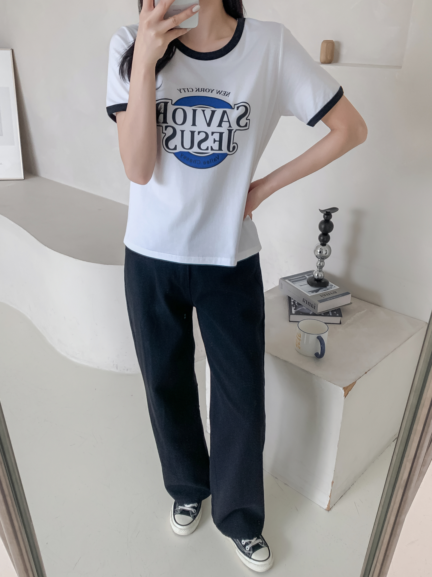 ラウンドネックルーズ半袖プリント配色ラインTシャツ | 詳細画像32