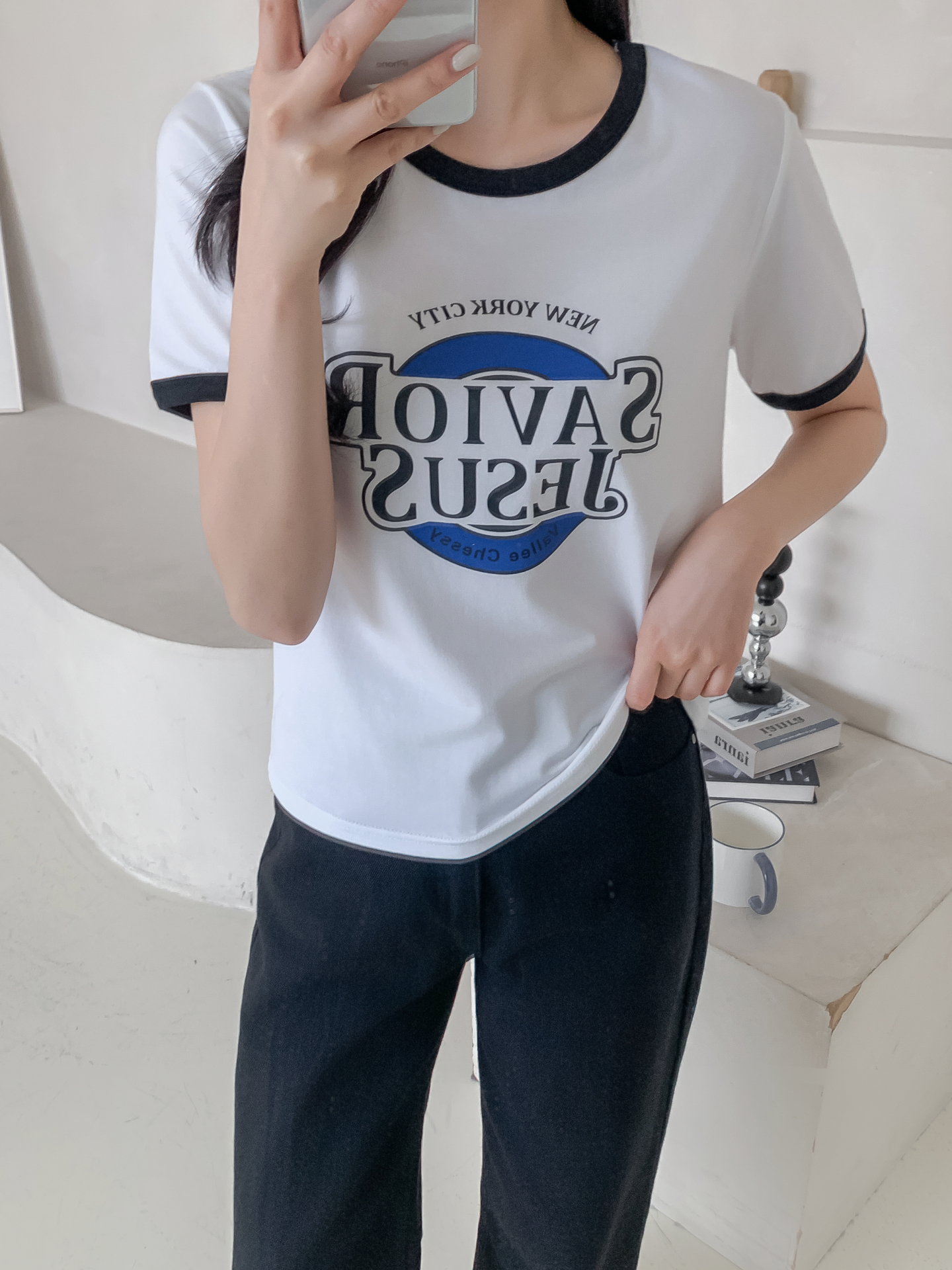 ラウンドネックルーズ半袖プリント配色ラインTシャツ | 詳細画像33