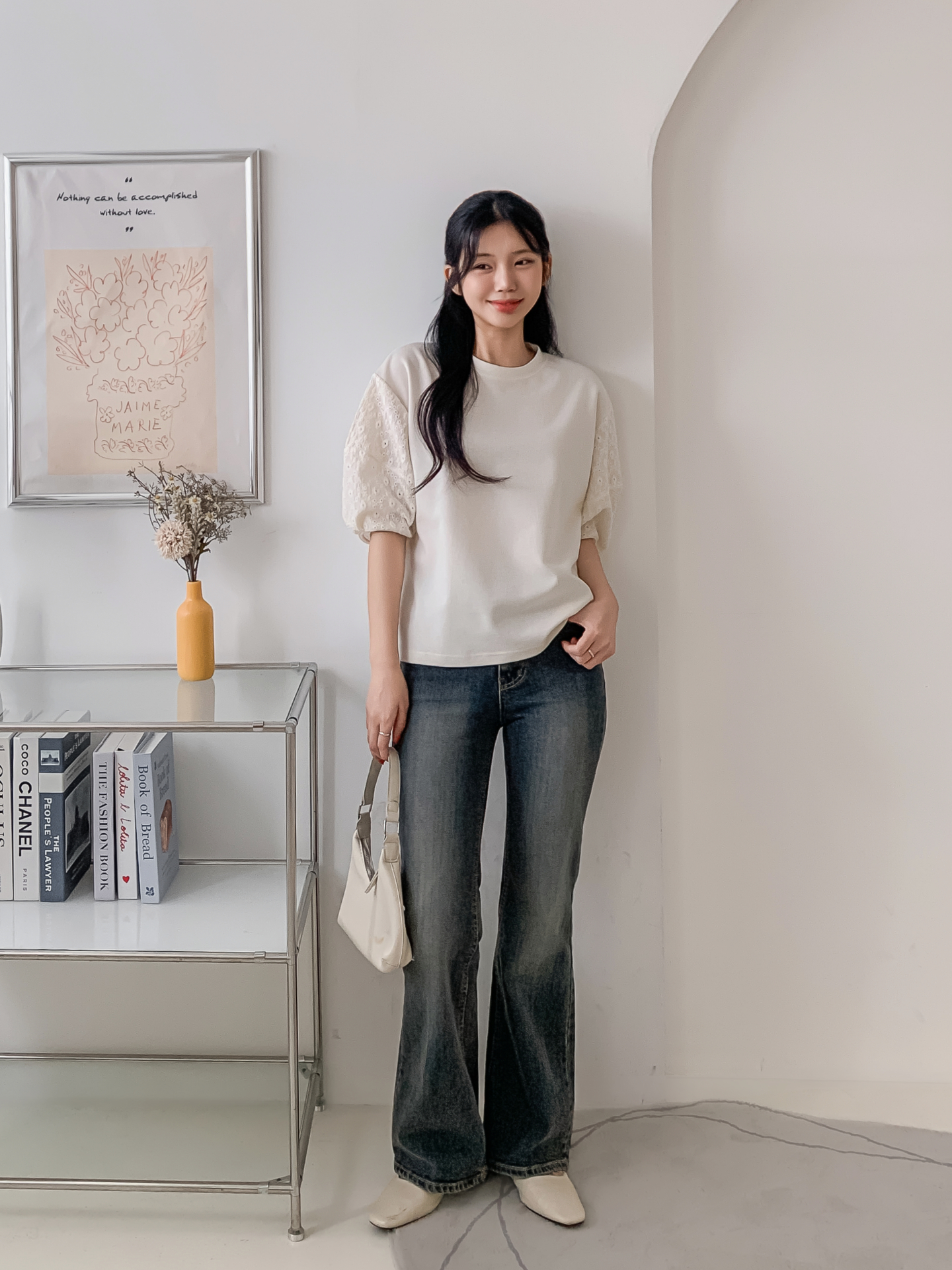 コンビラウンドネックパンチングパフスリーブルーズ半袖ブラウス | 詳細画像2