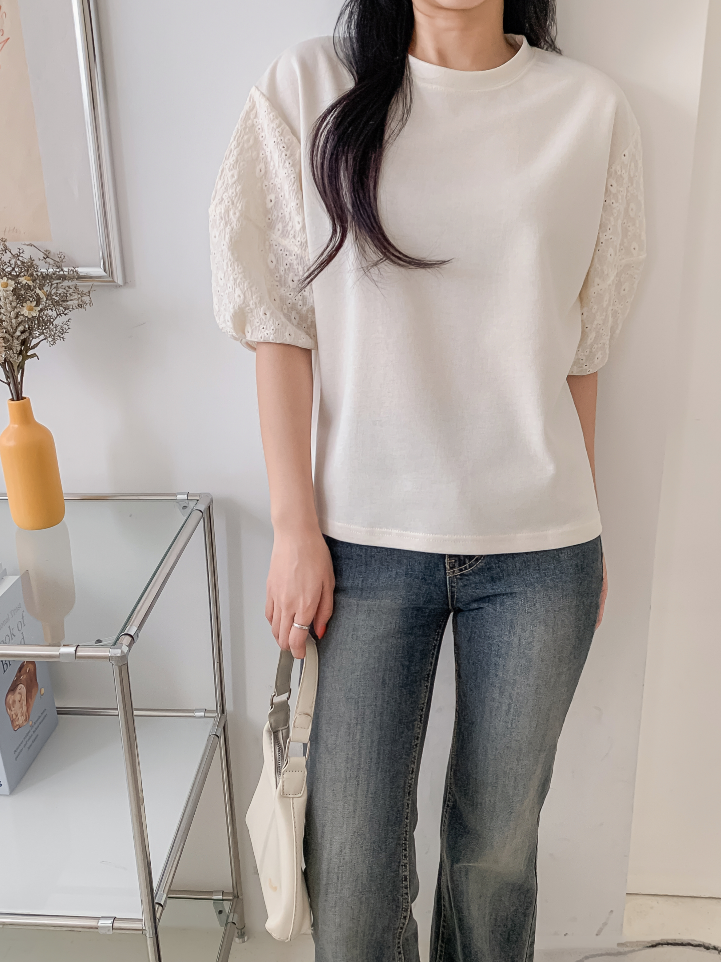 コンビラウンドネックパンチングパフスリーブルーズ半袖ブラウス | 詳細画像3