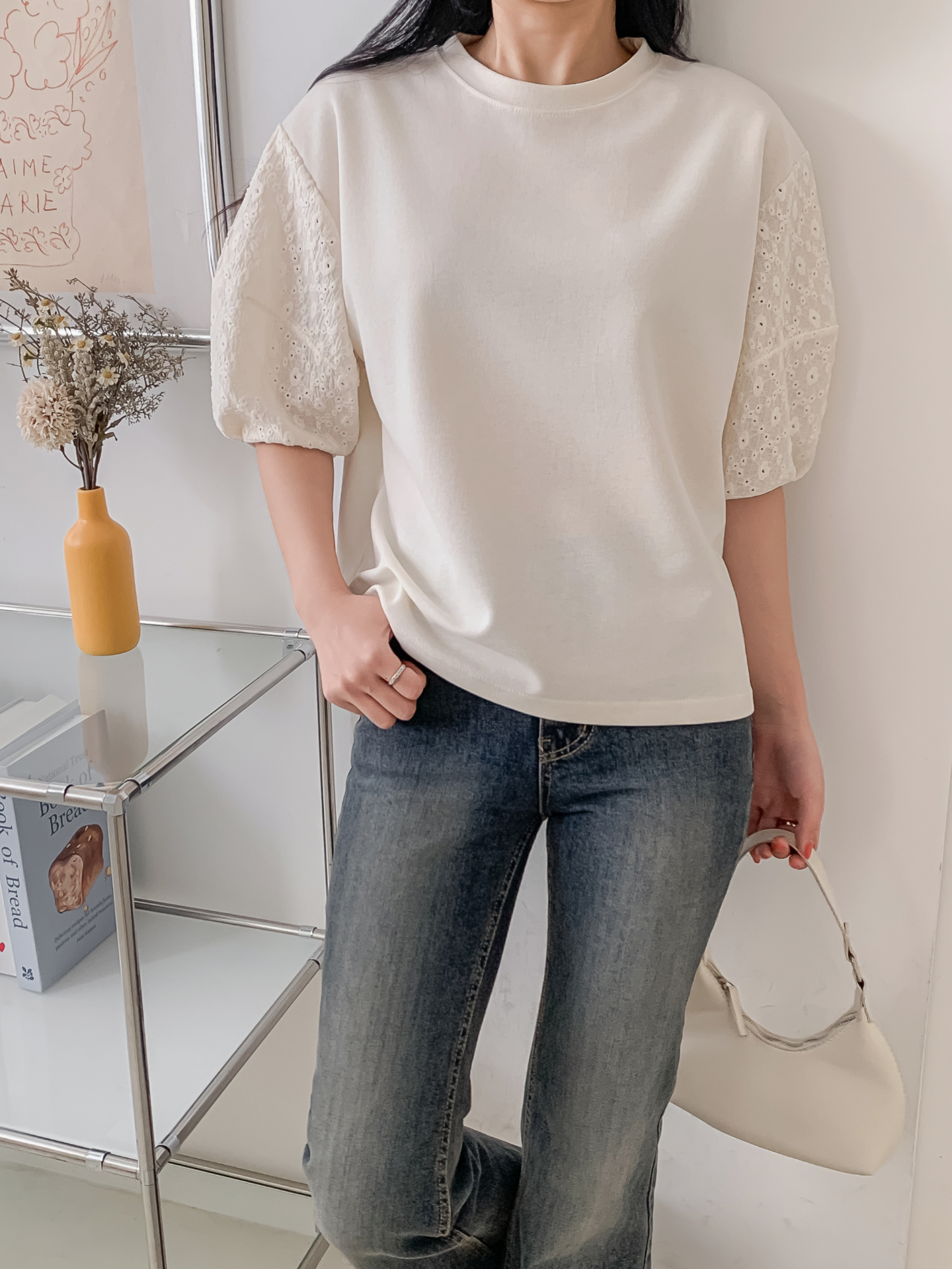 コンビラウンドネックパンチングパフスリーブルーズ半袖ブラウス | 詳細画像4