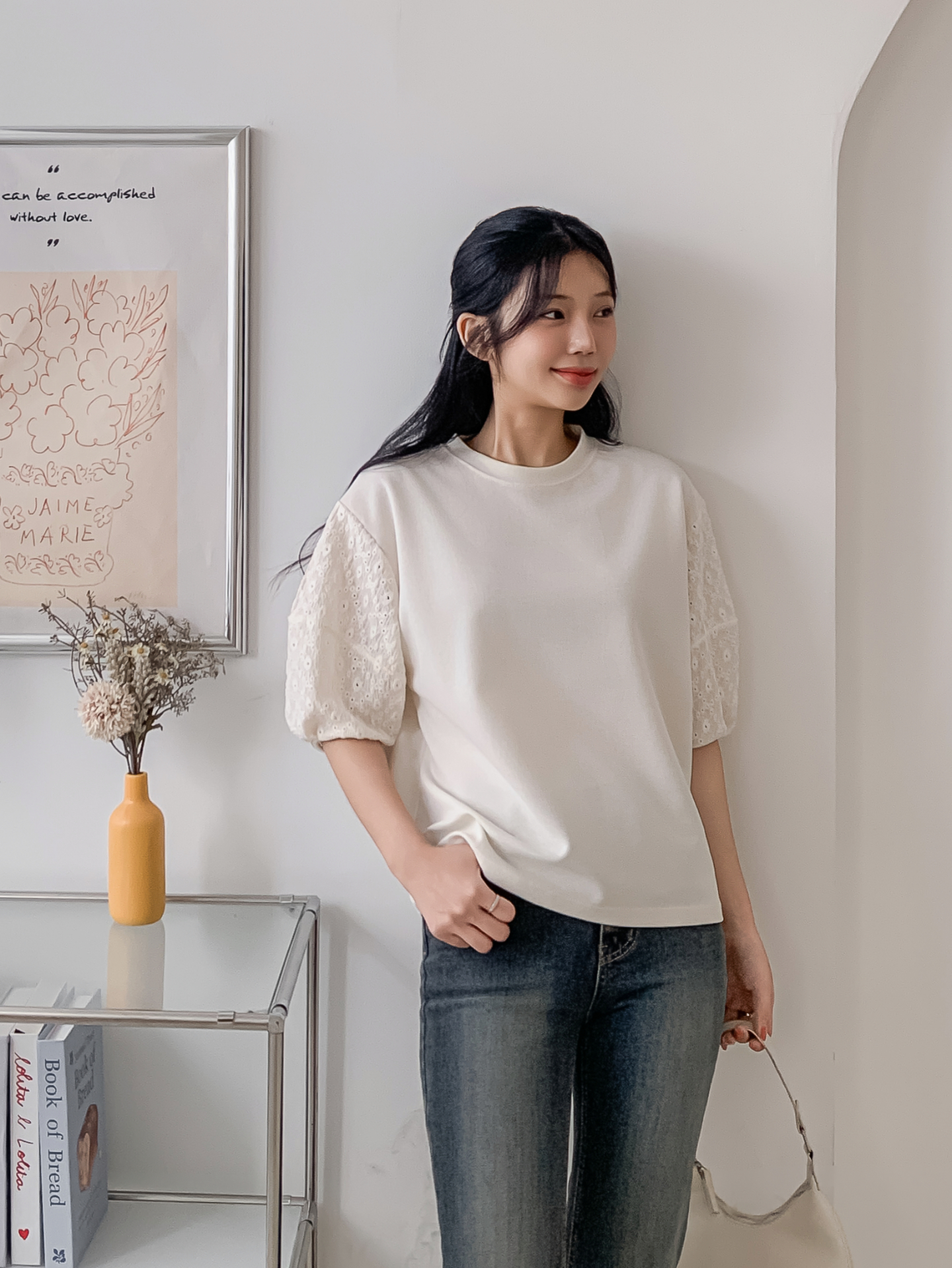 コンビラウンドネックパンチングパフスリーブルーズ半袖ブラウス | 詳細画像5