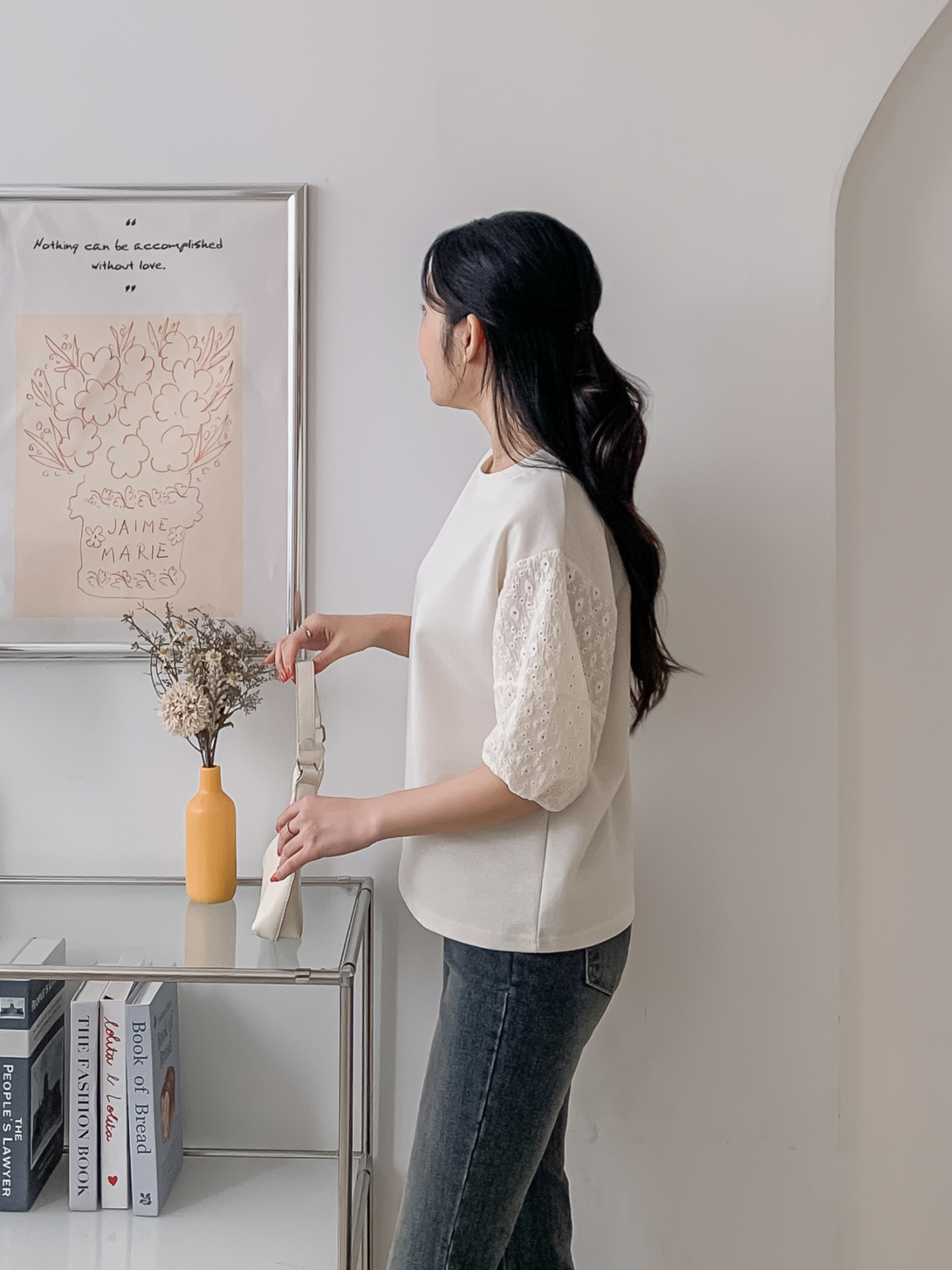 コンビラウンドネックパンチングパフスリーブルーズ半袖ブラウス | 詳細画像6