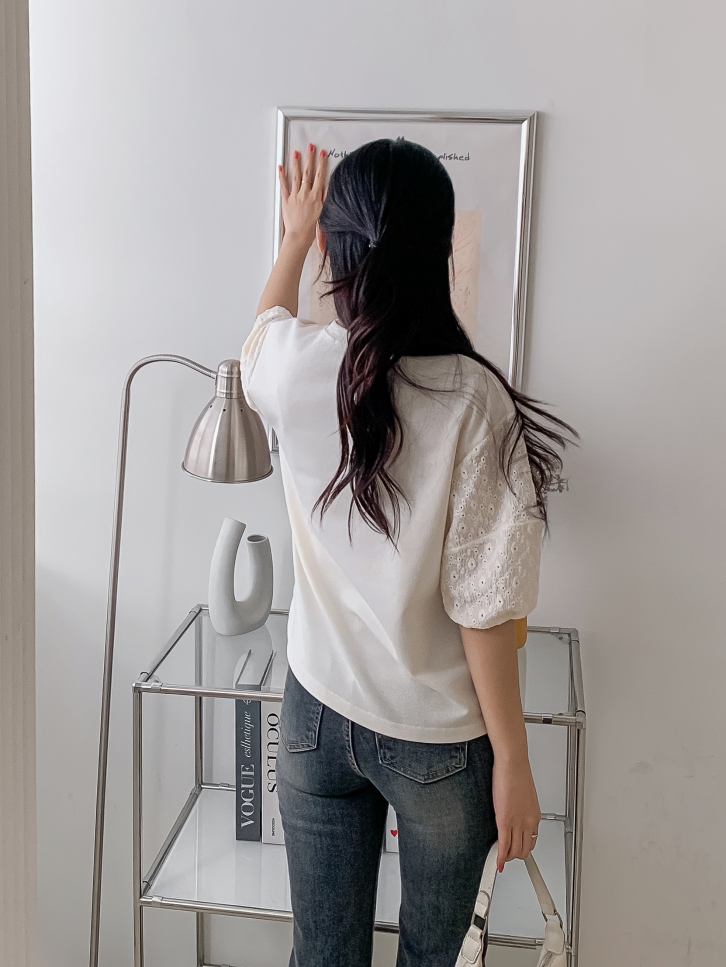 コンビラウンドネックパンチングパフスリーブルーズ半袖ブラウス | 詳細画像7