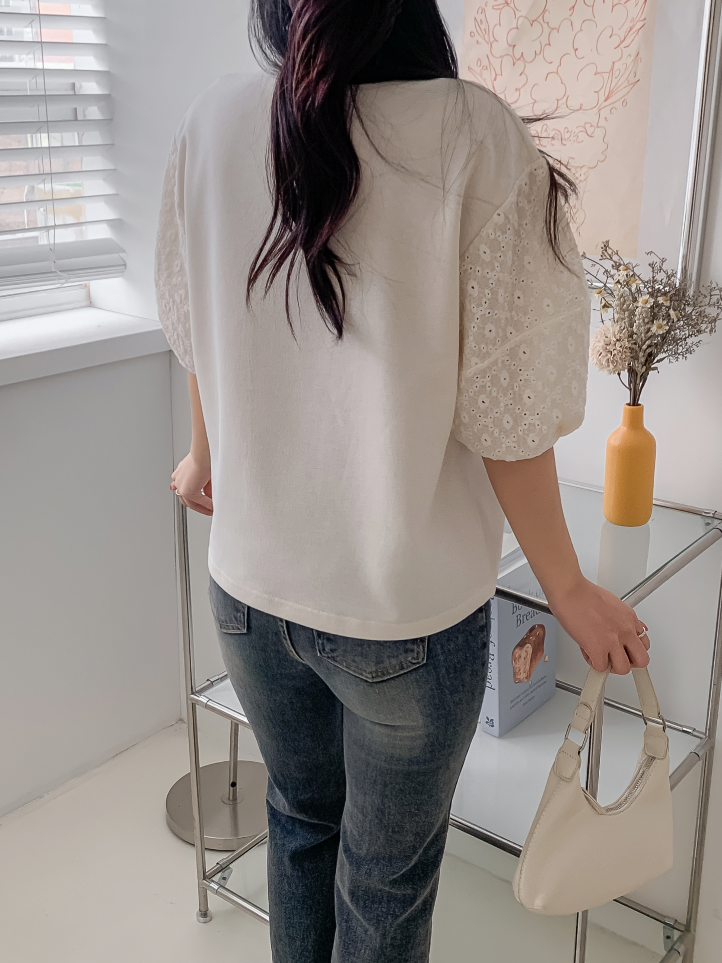 コンビラウンドネックパンチングパフスリーブルーズ半袖ブラウス | 詳細画像8