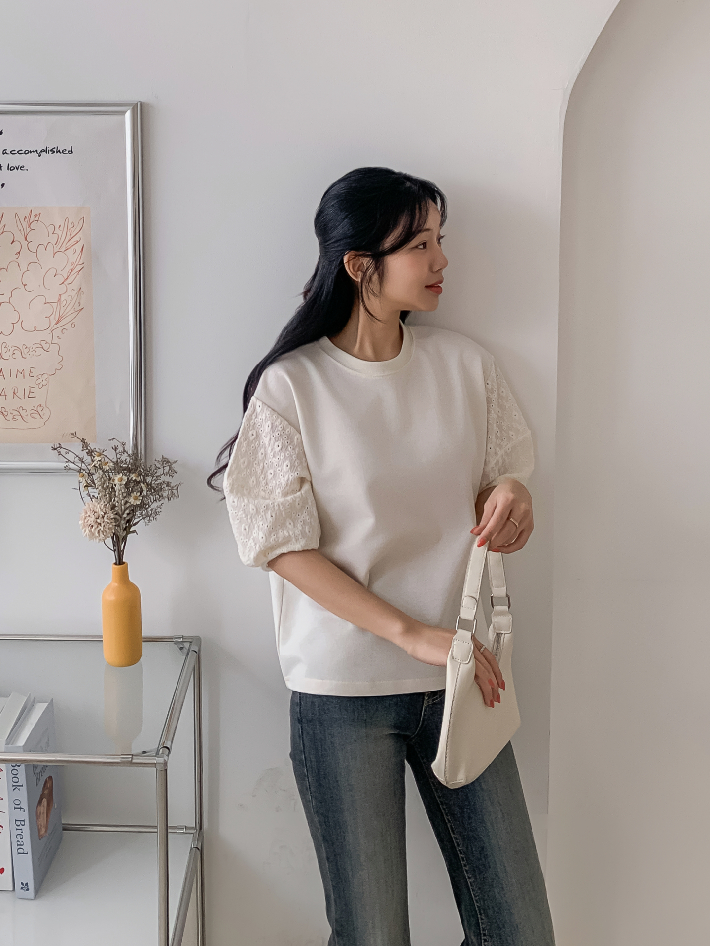 コンビラウンドネックパンチングパフスリーブルーズ半袖ブラウス | 詳細画像10