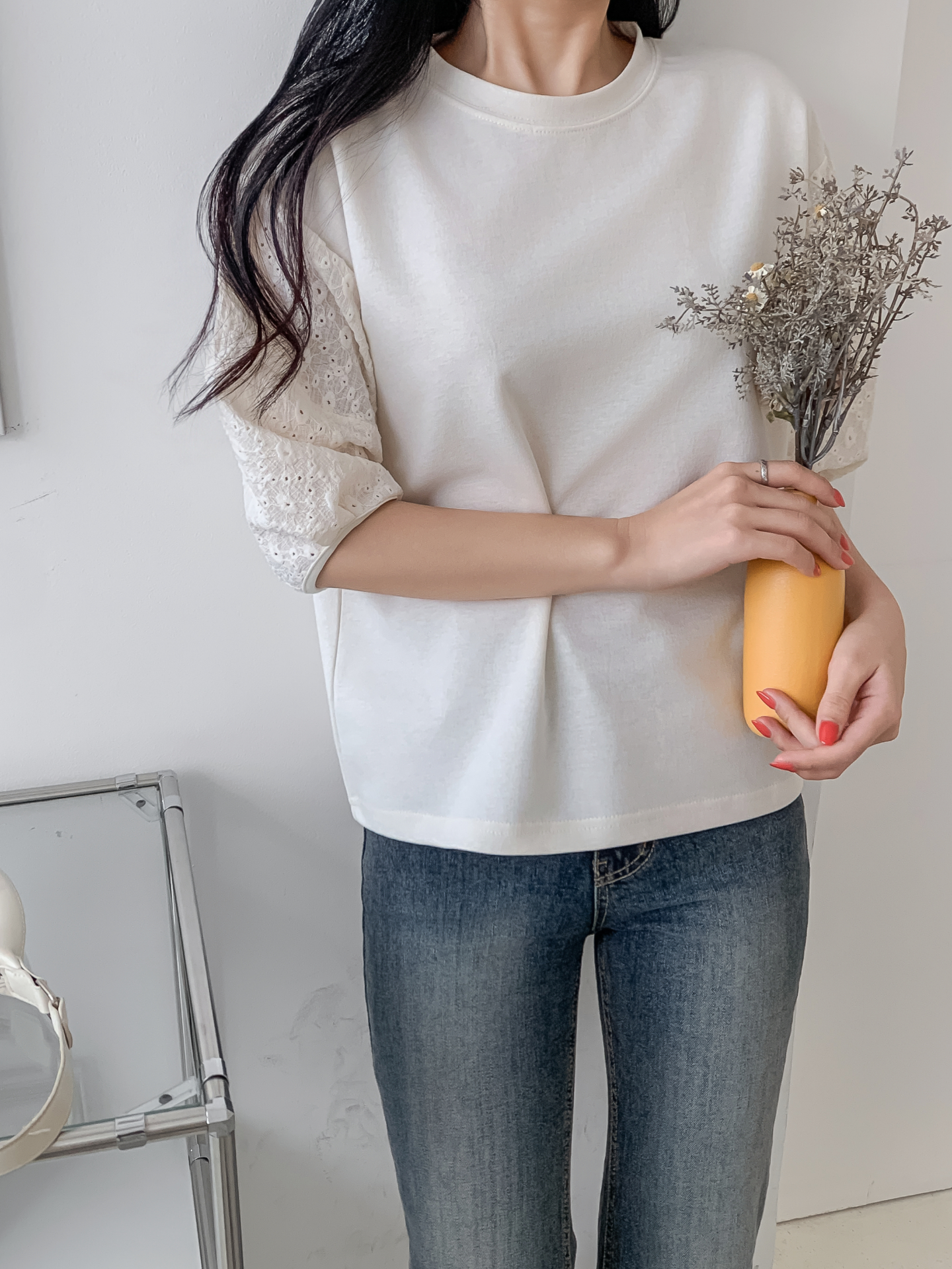 コンビラウンドネックパンチングパフスリーブルーズ半袖ブラウス | 詳細画像14