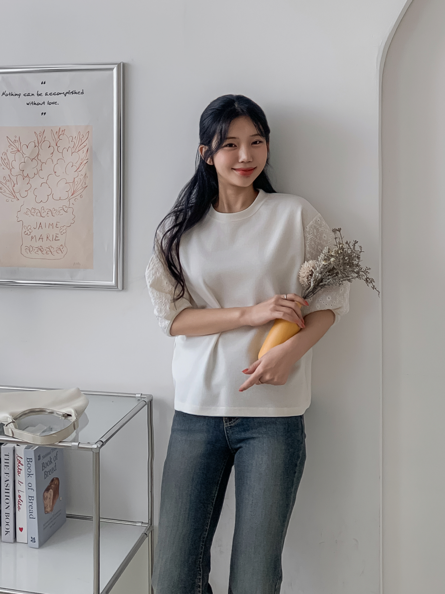 コンビラウンドネックパンチングパフスリーブルーズ半袖ブラウス | 詳細画像15