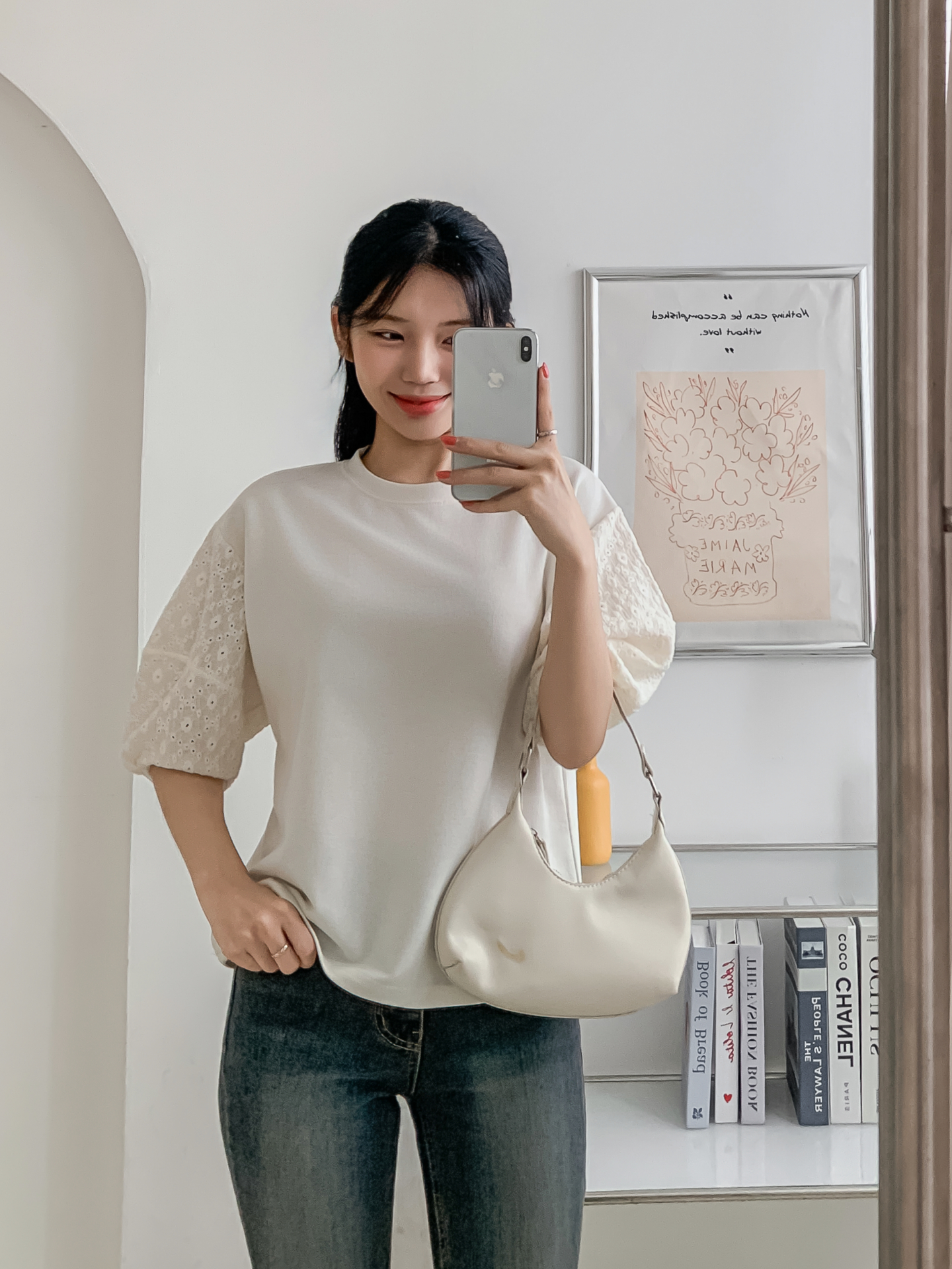 コンビラウンドネックパンチングパフスリーブルーズ半袖ブラウス | 詳細画像16