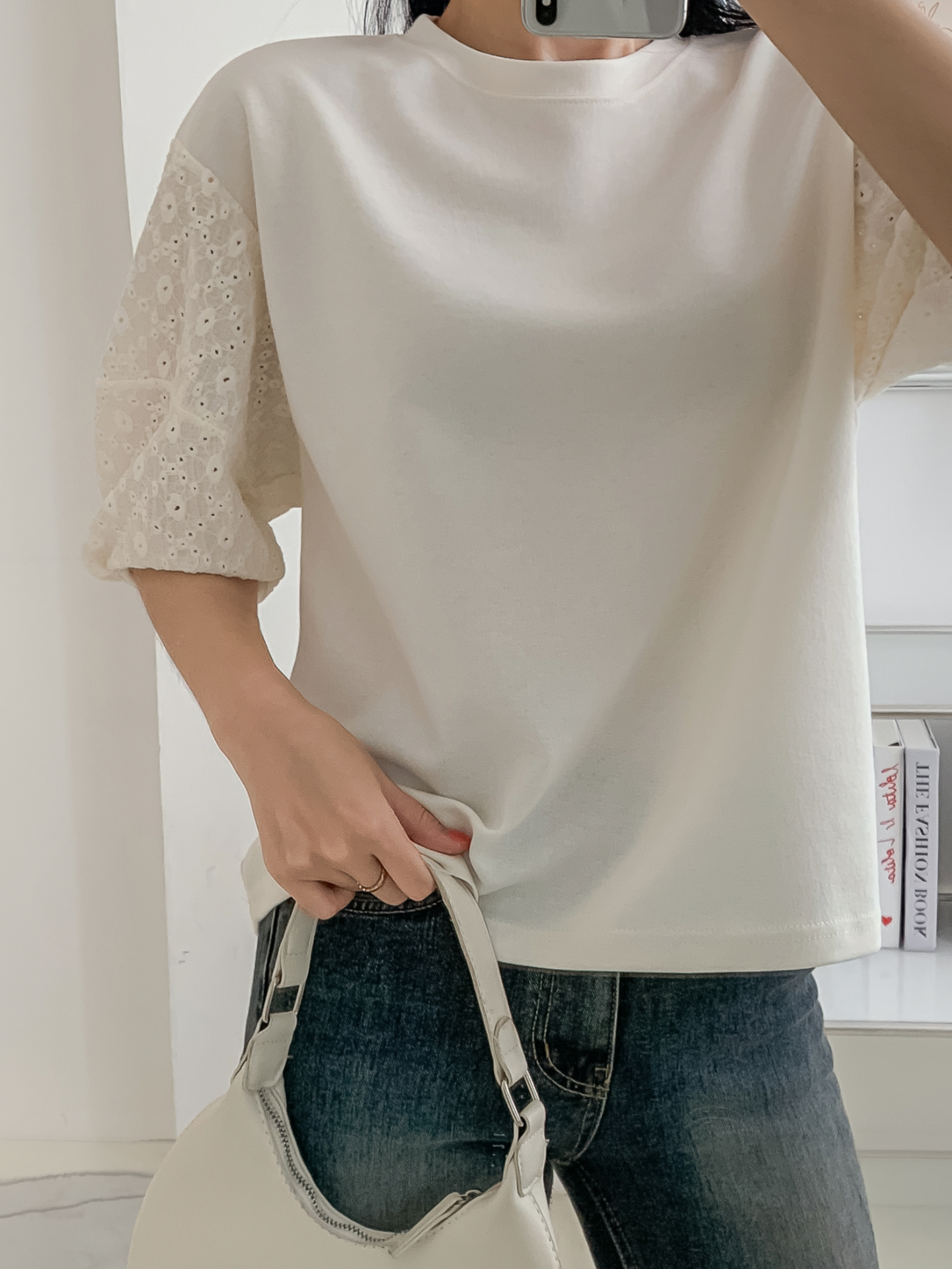 コンビラウンドネックパンチングパフスリーブルーズ半袖ブラウス | 詳細画像17