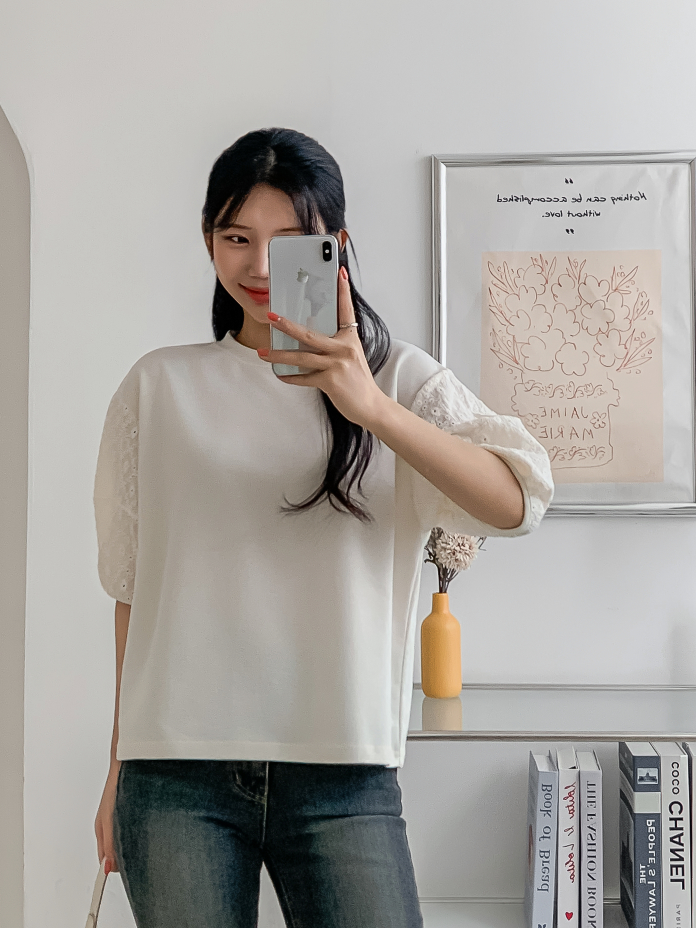 コンビラウンドネックパンチングパフスリーブルーズ半袖ブラウス | 詳細画像18