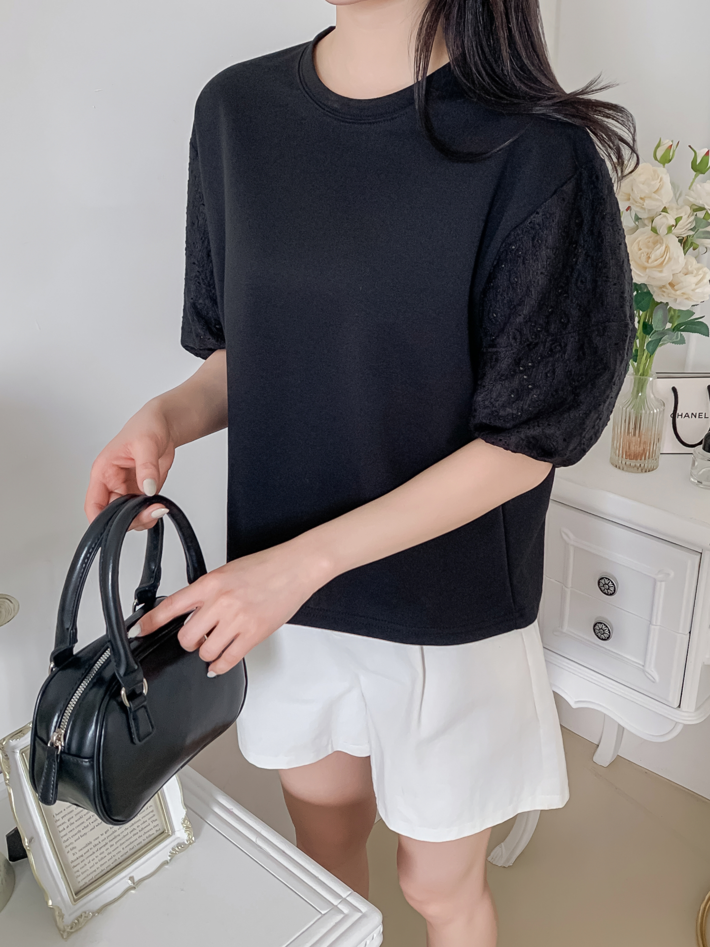 コンビラウンドネックパンチングパフスリーブルーズ半袖ブラウス | 詳細画像25