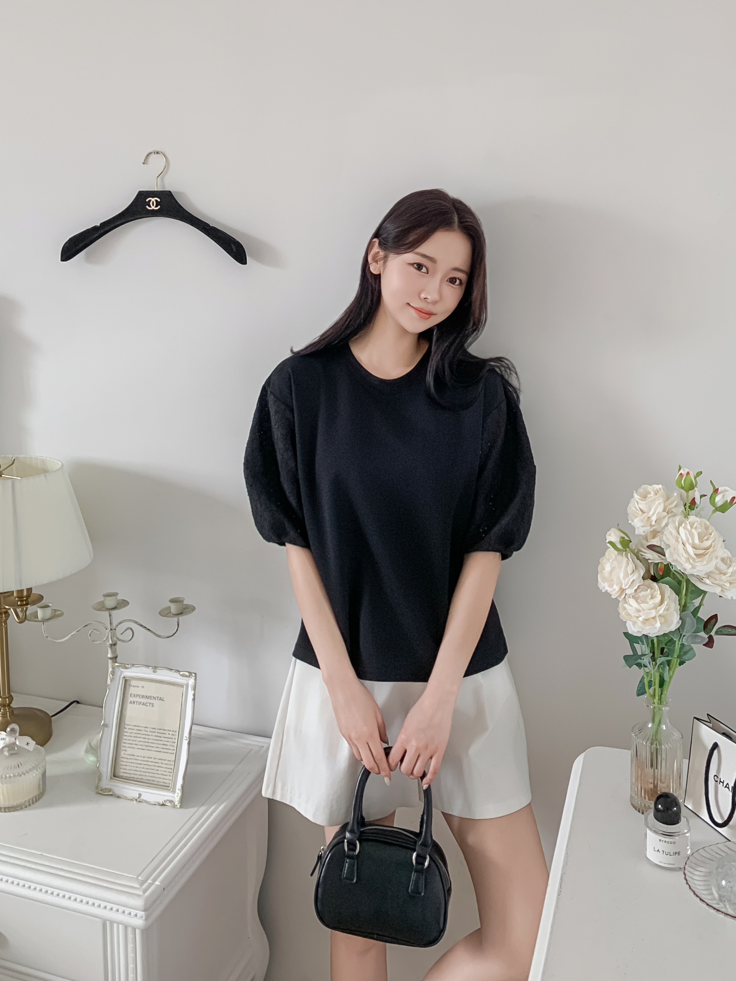 コンビラウンドネックパンチングパフスリーブルーズ半袖ブラウス | 詳細画像27