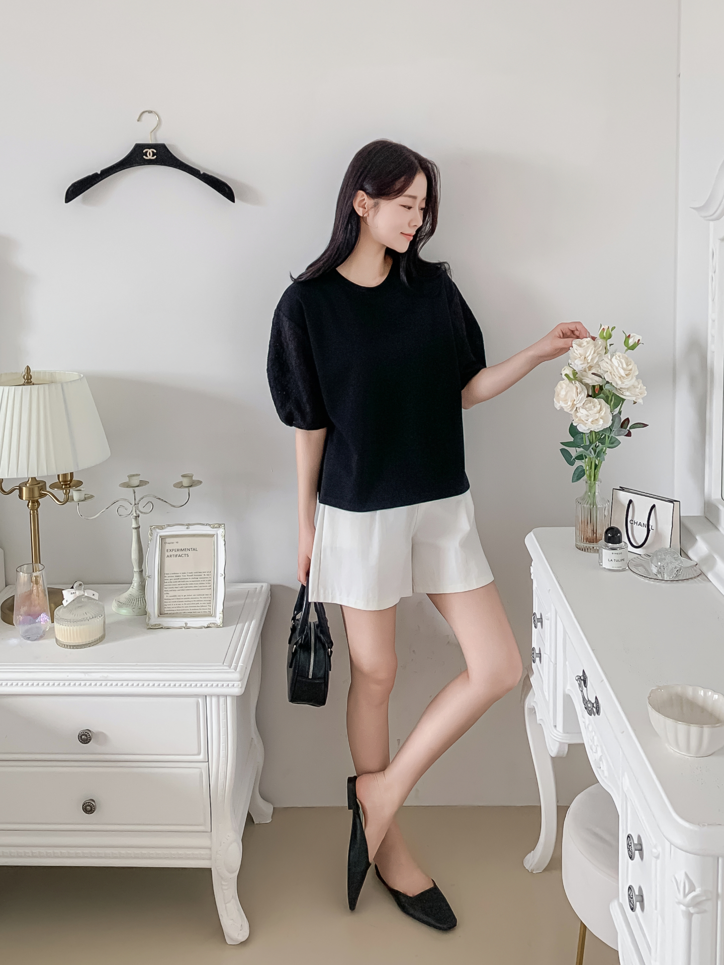 コンビラウンドネックパンチングパフスリーブルーズ半袖ブラウス | 詳細画像28