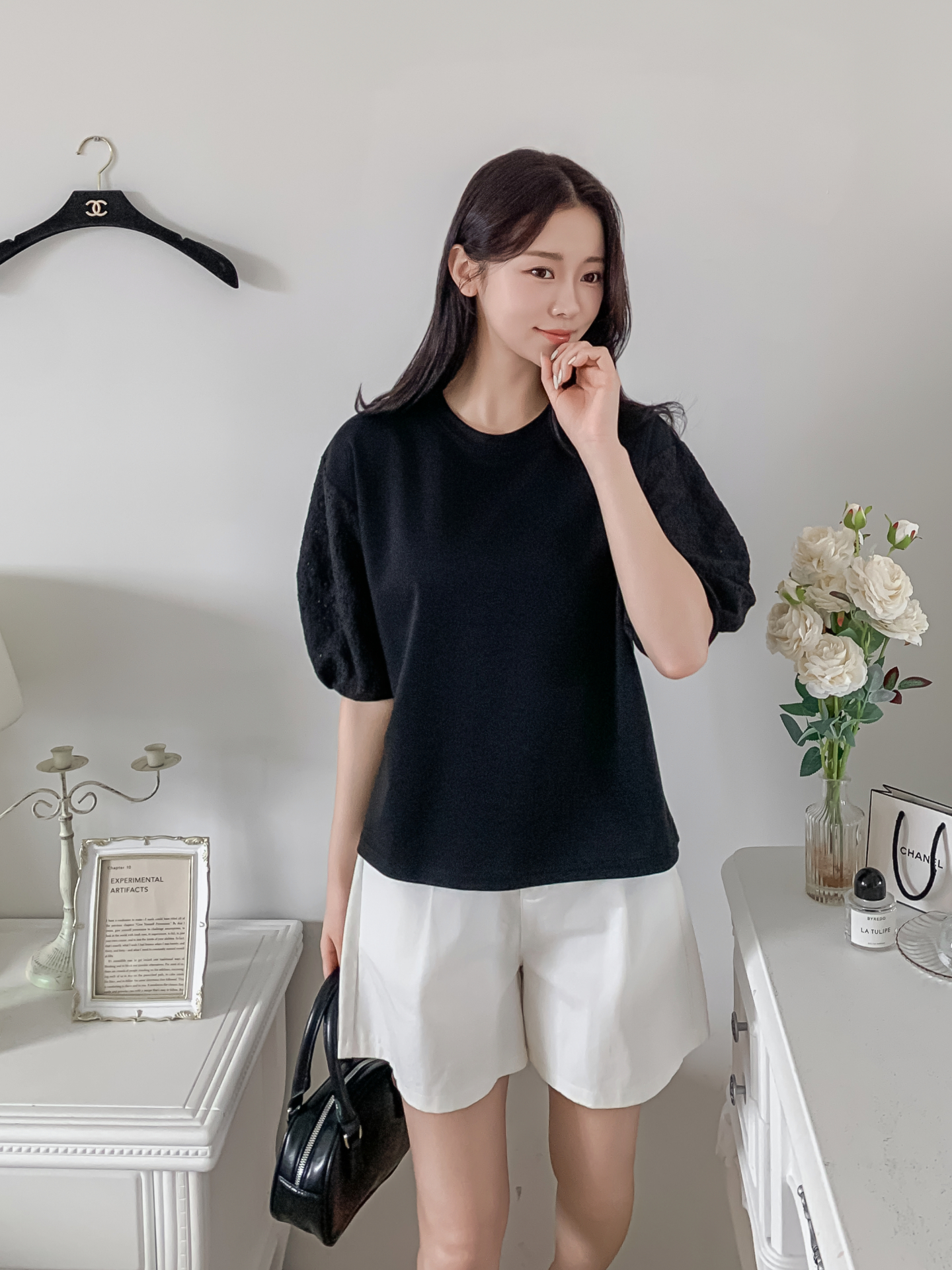 コンビラウンドネックパンチングパフスリーブルーズ半袖ブラウス | 詳細画像29