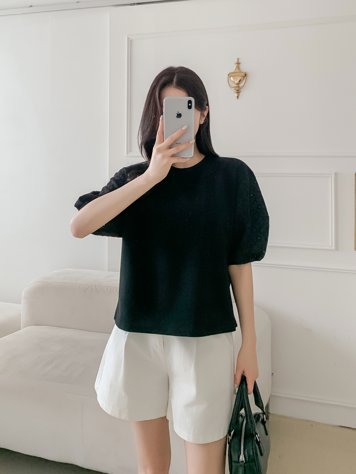 コンビラウンドネックパンチングパフスリーブルーズ半袖ブラウス | 詳細画像33