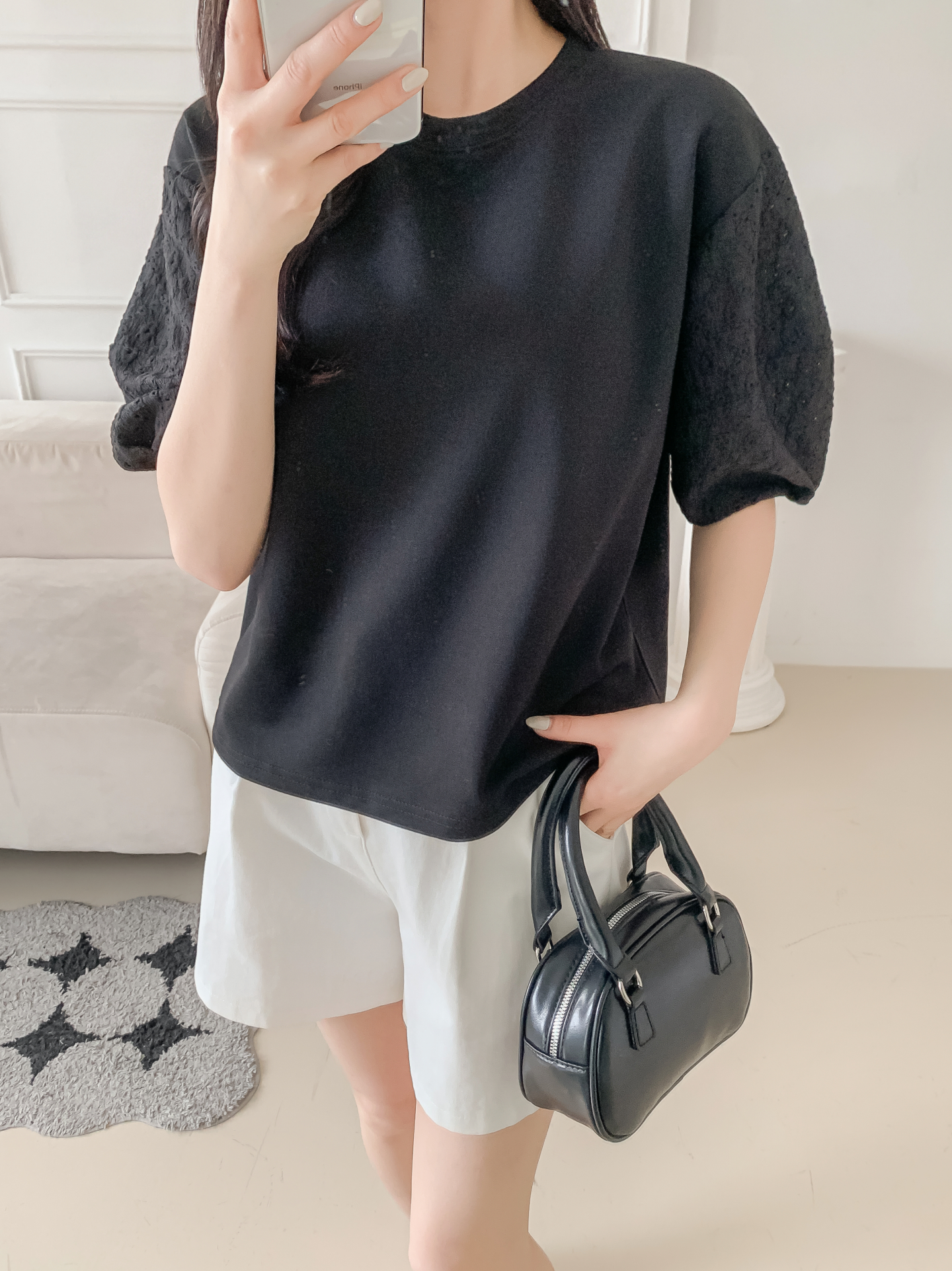 コンビラウンドネックパンチングパフスリーブルーズ半袖ブラウス | 詳細画像34