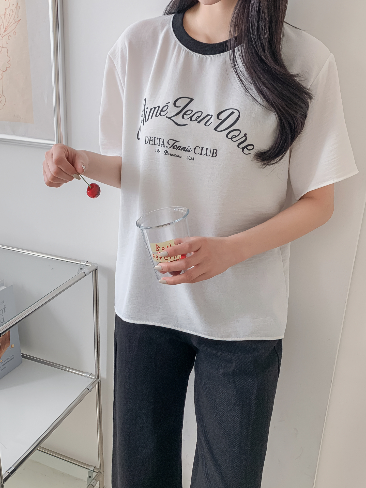 ラウンドネックルーズ半袖レタリング配色ブラウス | 詳細画像6