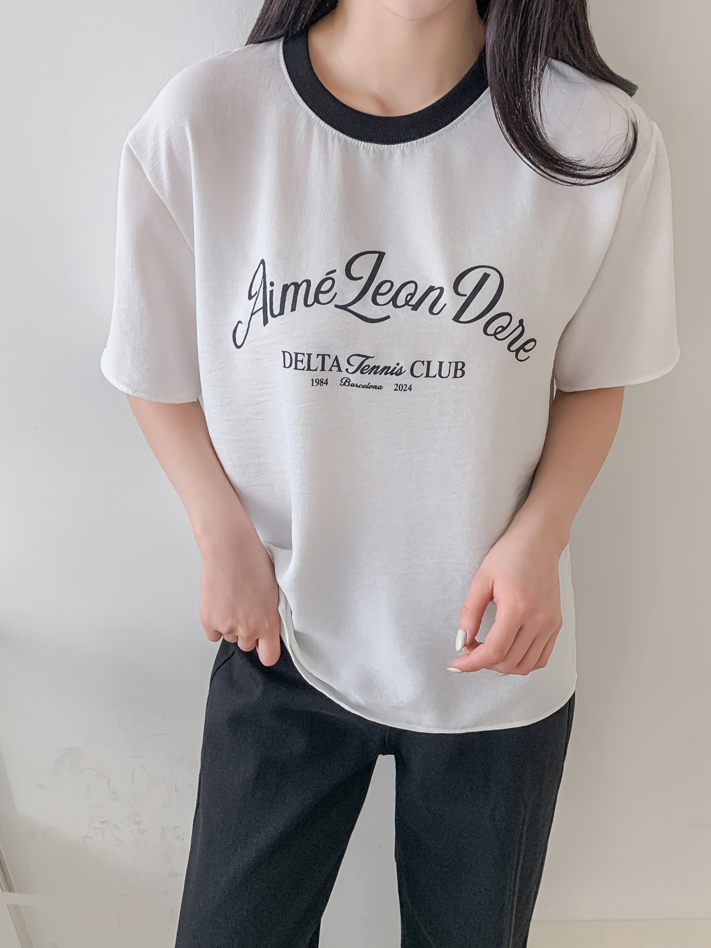 ラウンドネックルーズ半袖レタリング配色ブラウス | 詳細画像13