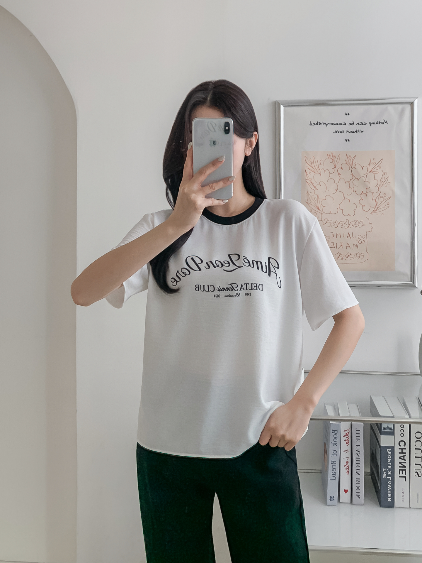 ラウンドネックルーズ半袖レタリング配色ブラウス | 詳細画像15