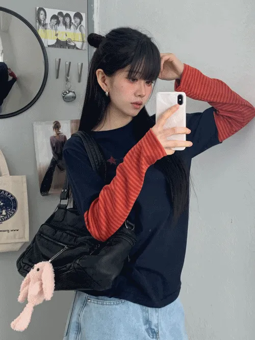 配色コットンラウンドネックベーシックレイヤード風長袖ボーダー星柄Tシャツ | banincci | 詳細画像1