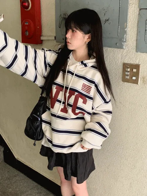 コットンフードオーバーサイズボクシー長袖ロゴボーダー配色パーカー | banincci | 詳細画像1