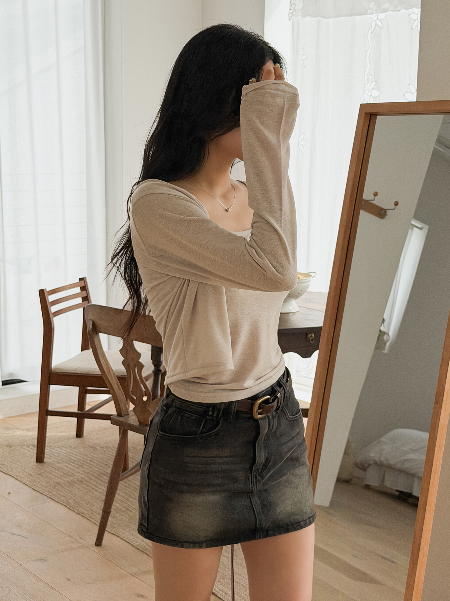 リネン混クロップドスリム長袖オープンタイプ無地カーディガンキャミソールアンサンブル | 詳細画像6