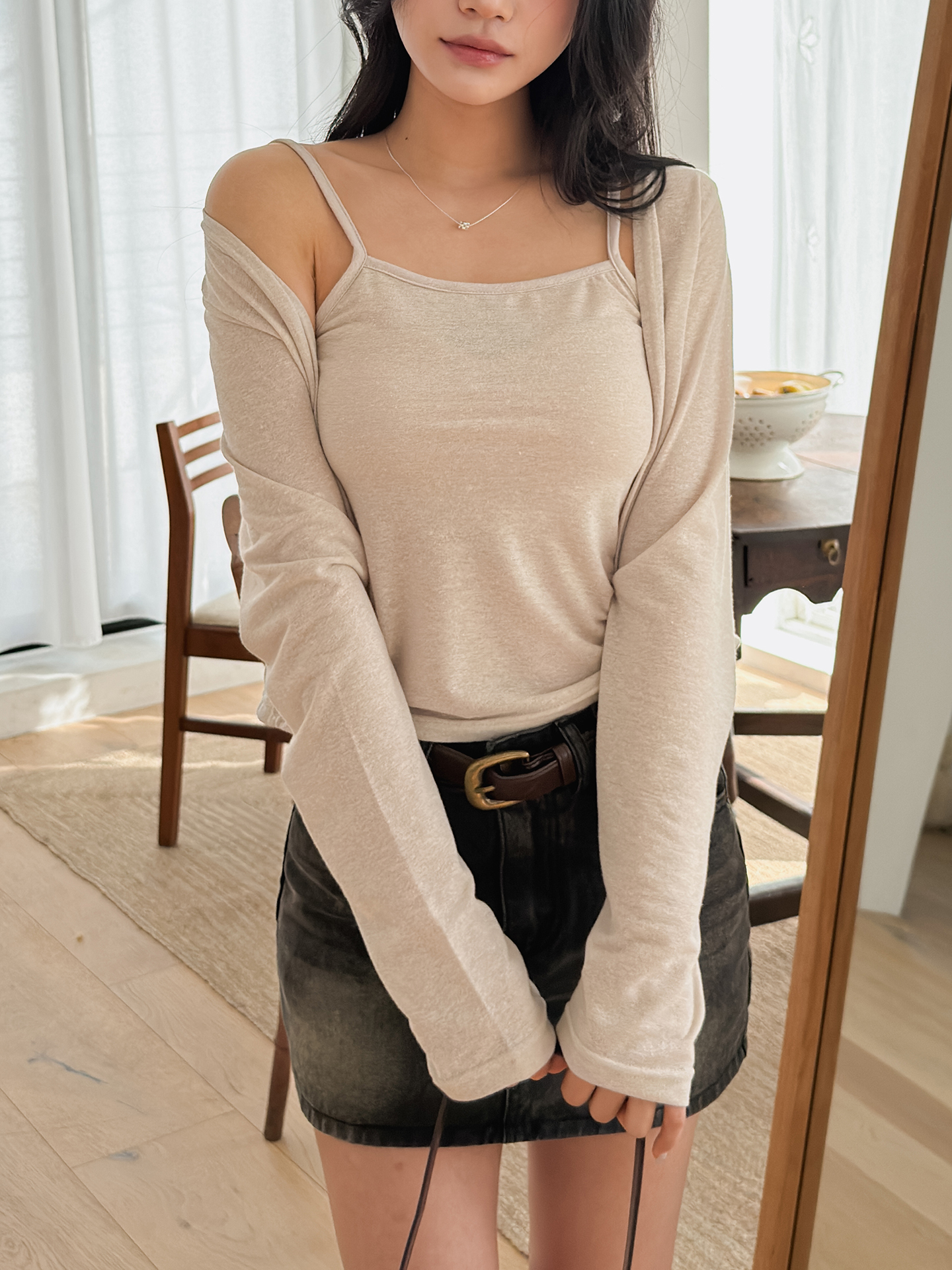 リネン混クロップドスリム長袖オープンタイプ無地カーディガンキャミソールアンサンブル | 詳細画像11