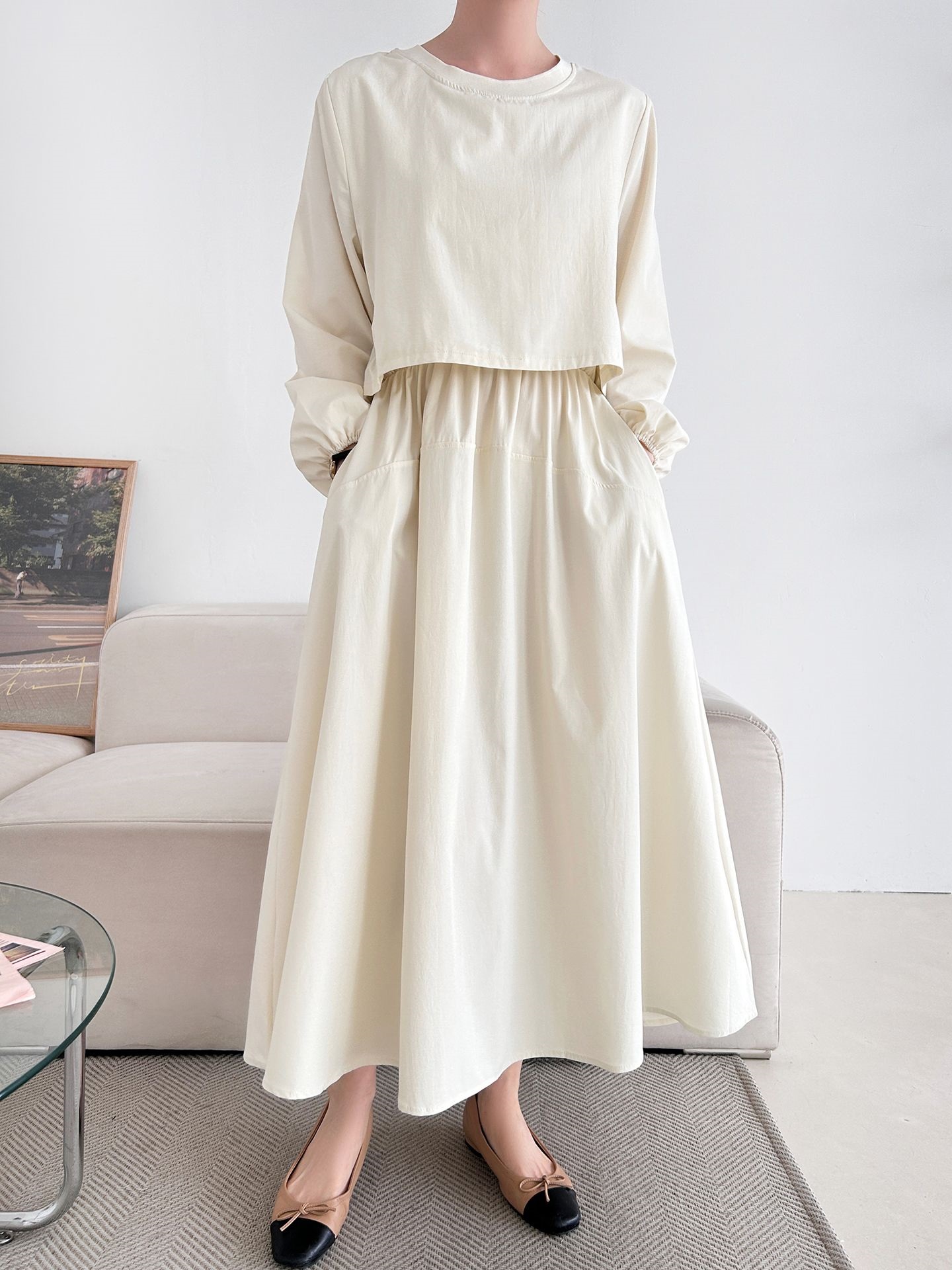 ラウンドネックシャーリングパフスリーブレイヤード風ロング長袖フレアAライン無地ワンピース | 詳細画像2