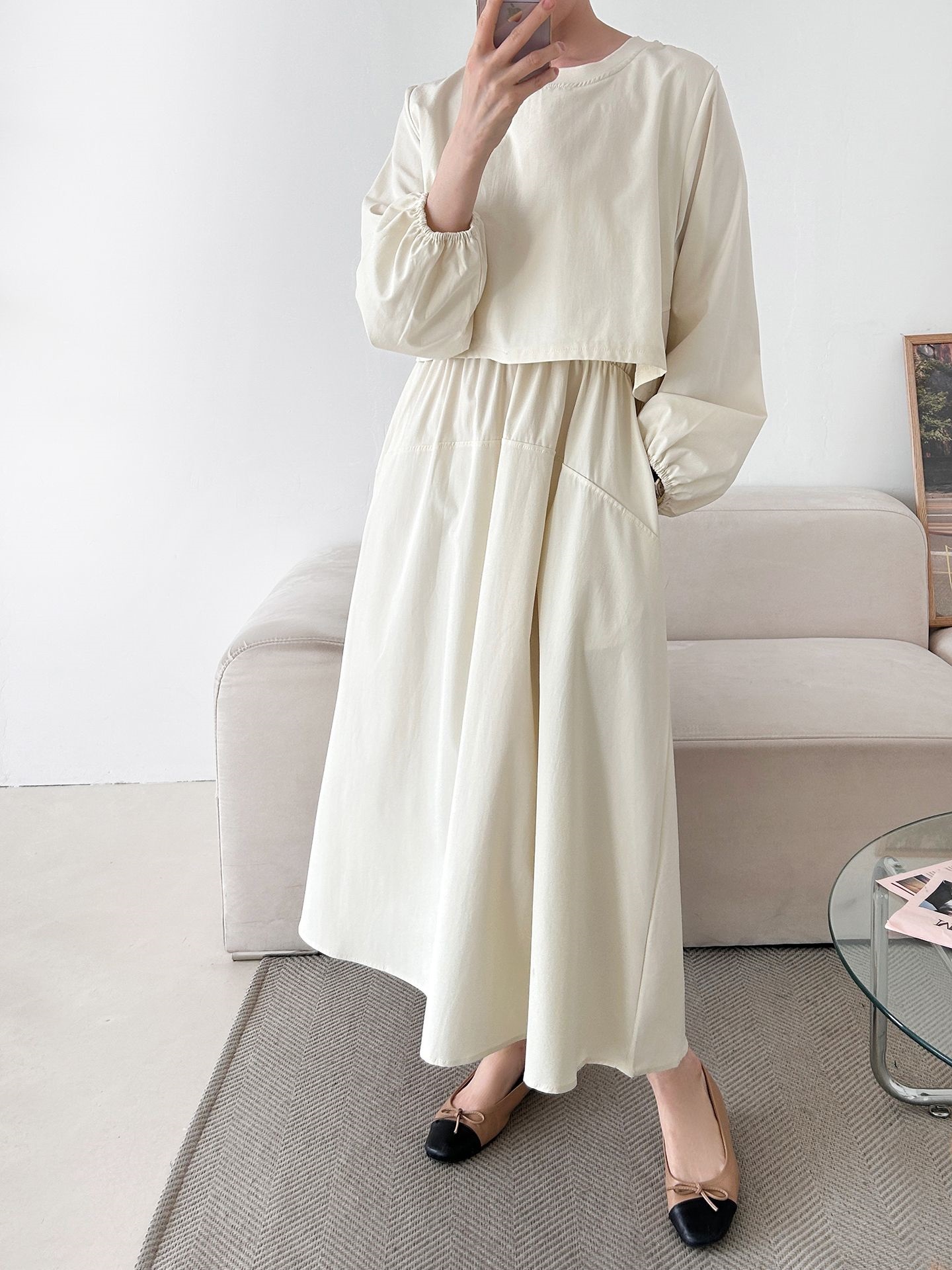 ラウンドネックシャーリングパフスリーブレイヤード風ロング長袖フレアAライン無地ワンピース | 詳細画像5