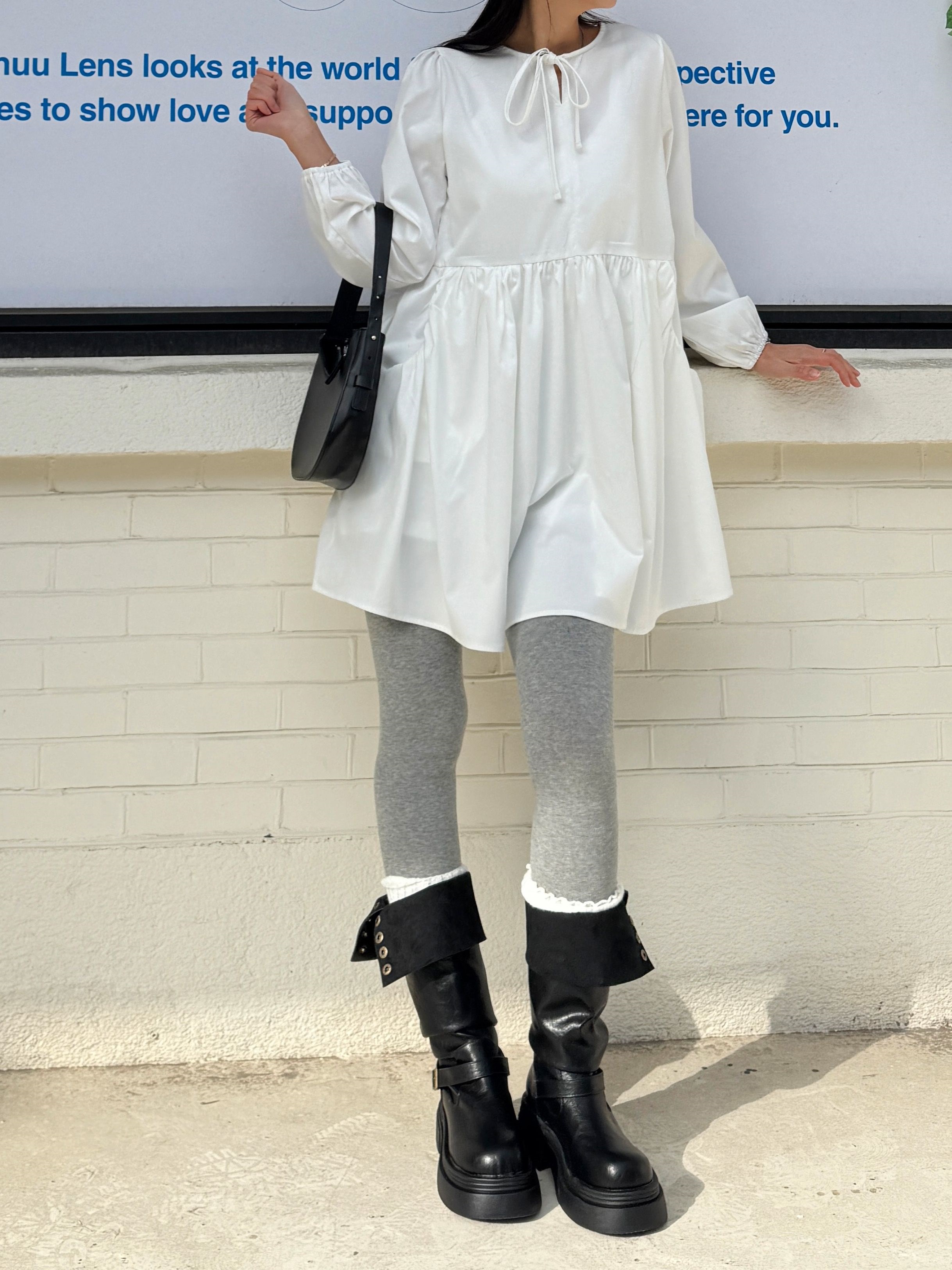 ストラップポケットパフスリーブオーバーサイズルーズ長袖ギャザーフレアAラインミニ無地ワンピース | 詳細画像2