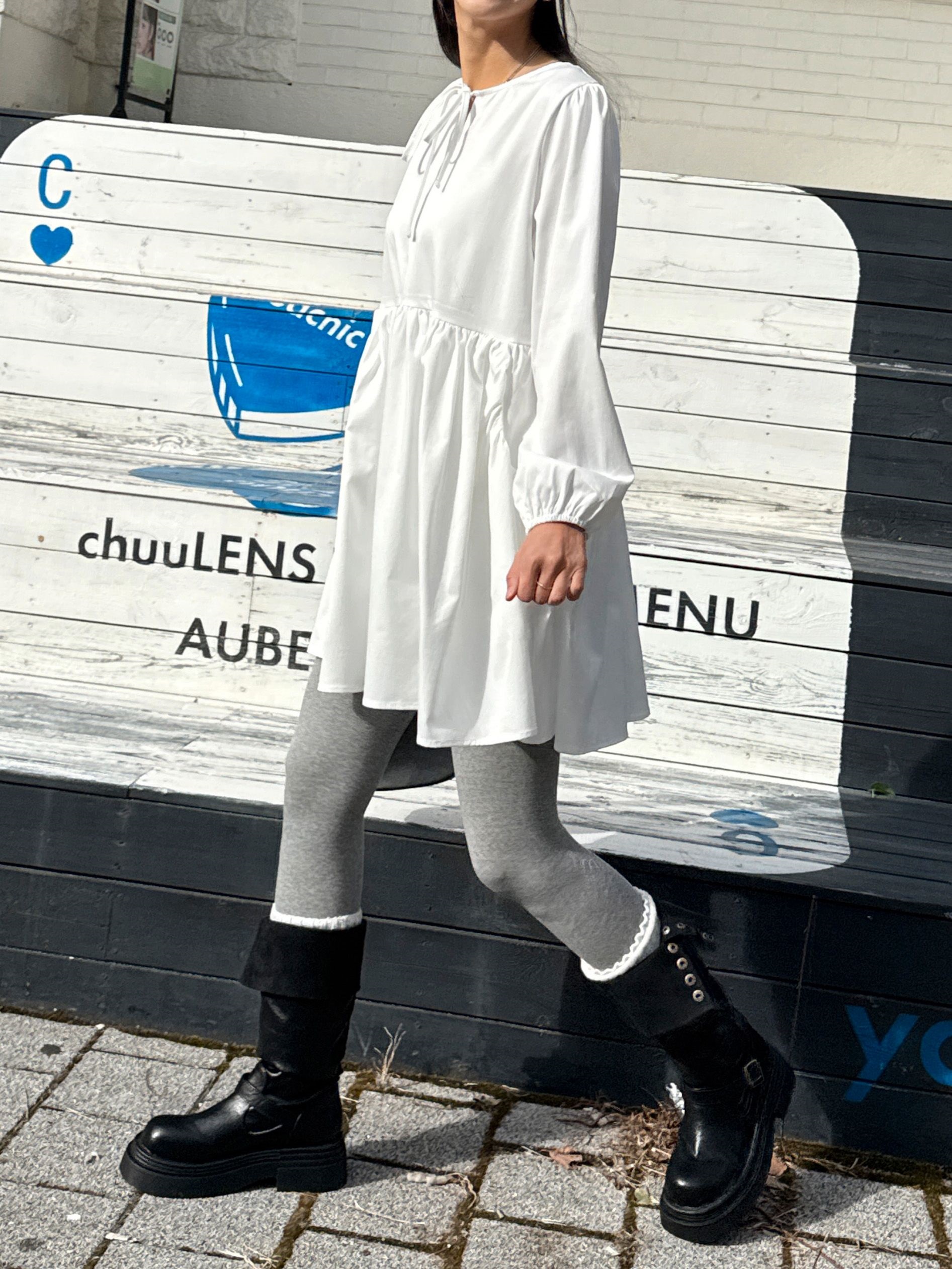 ストラップポケットパフスリーブオーバーサイズルーズ長袖ギャザーフレアAラインミニ無地ワンピース | 詳細画像4