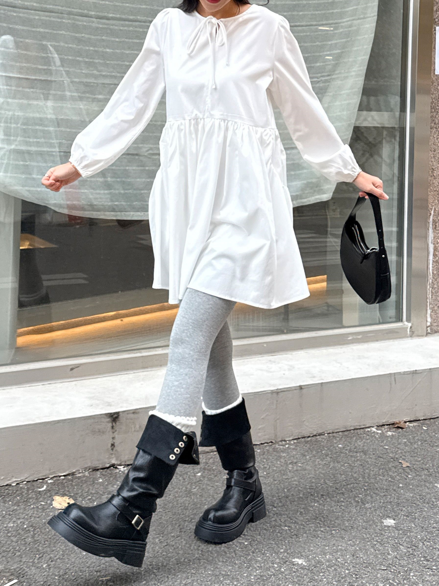 ストラップポケットパフスリーブオーバーサイズルーズ長袖ギャザーフレアAラインミニ無地ワンピース | 詳細画像6