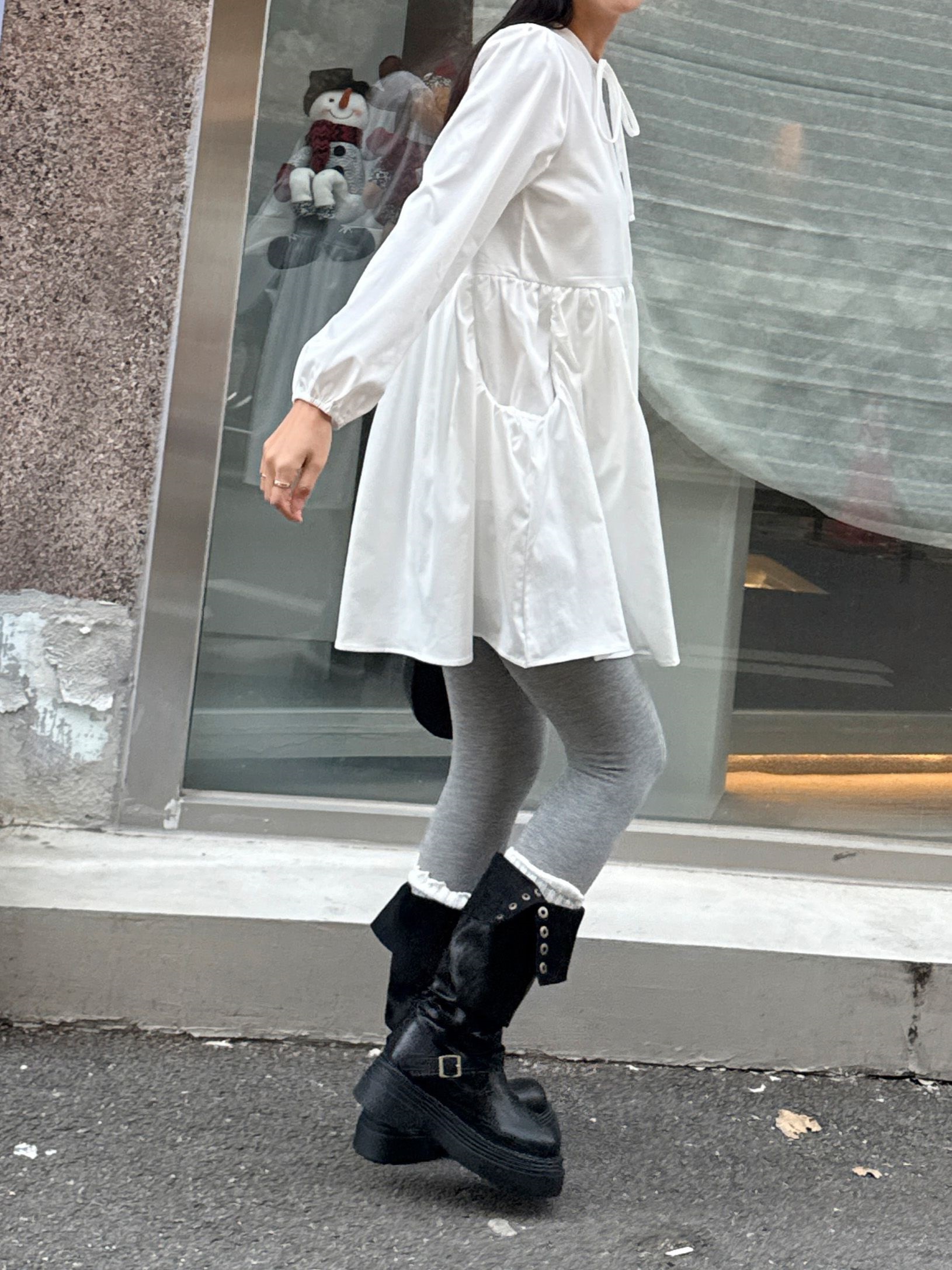 ストラップポケットパフスリーブオーバーサイズルーズ長袖ギャザーフレアAラインミニ無地ワンピース | 詳細画像7