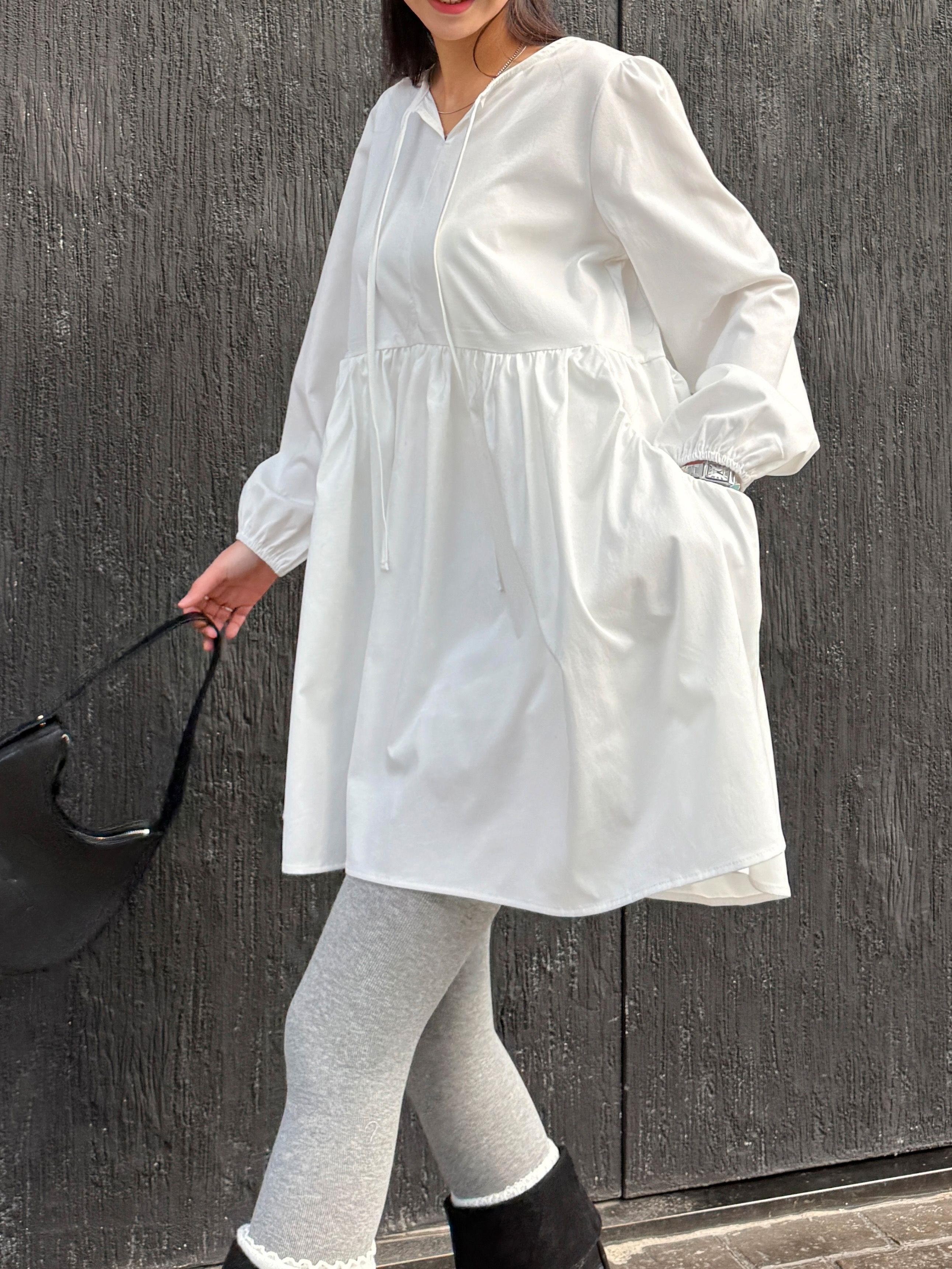 ストラップポケットパフスリーブオーバーサイズルーズ長袖ギャザーフレアAラインミニ無地ワンピース | 詳細画像10