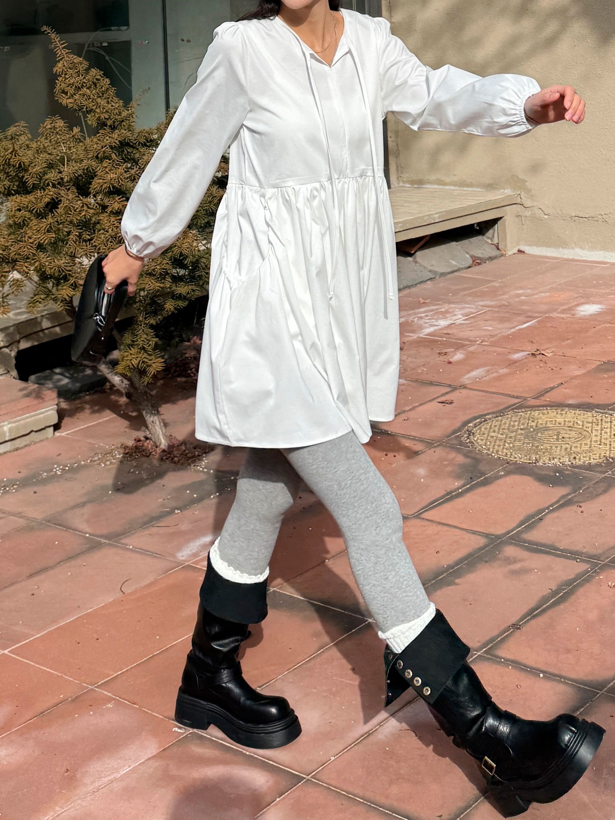 ストラップポケットパフスリーブオーバーサイズルーズ長袖ギャザーフレアAラインミニ無地ワンピース | 詳細画像11