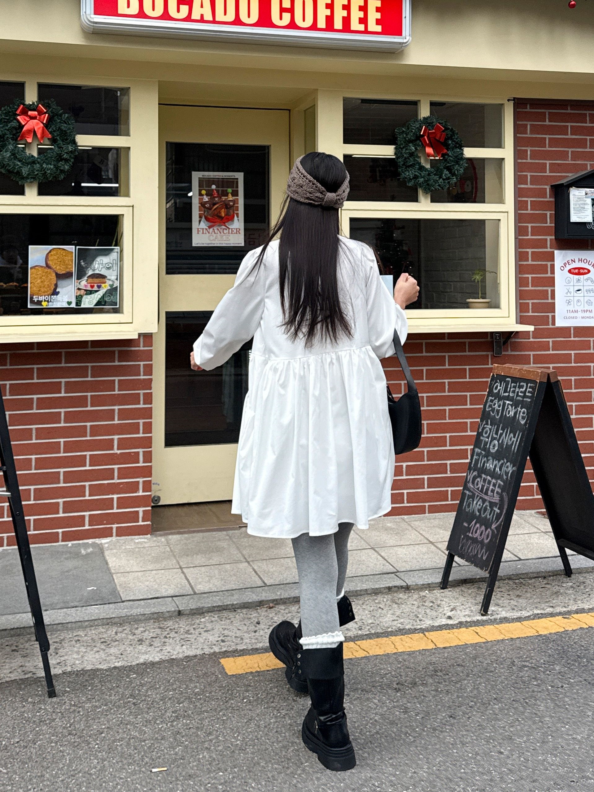 ストラップポケットパフスリーブオーバーサイズルーズ長袖ギャザーフレアAラインミニ無地ワンピース | 詳細画像15