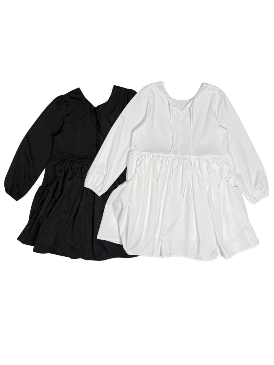 ストラップポケットパフスリーブオーバーサイズルーズ長袖ギャザーフレアAラインミニ無地ワンピース | 詳細画像16