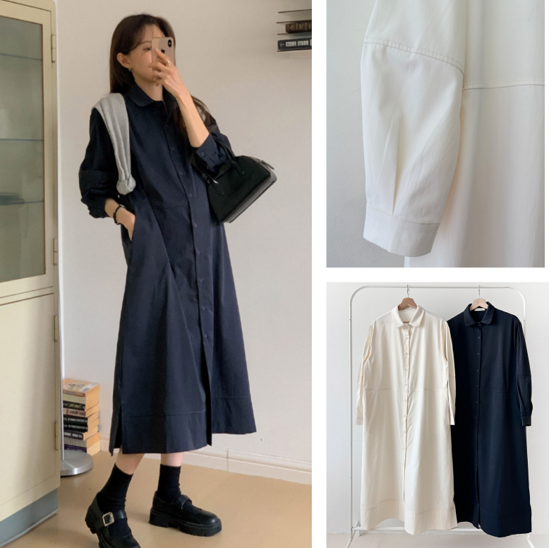 ボタンカラースリットピンタックポケットラインオーバーサイズ長袖ボタンスリーブ無地シャツワンピース | 詳細画像3