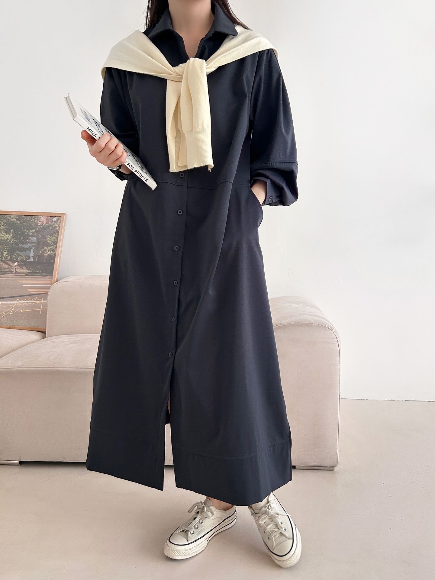 ボタンカラースリットピンタックポケットラインオーバーサイズ長袖ボタンスリーブ無地シャツワンピース | 詳細画像4