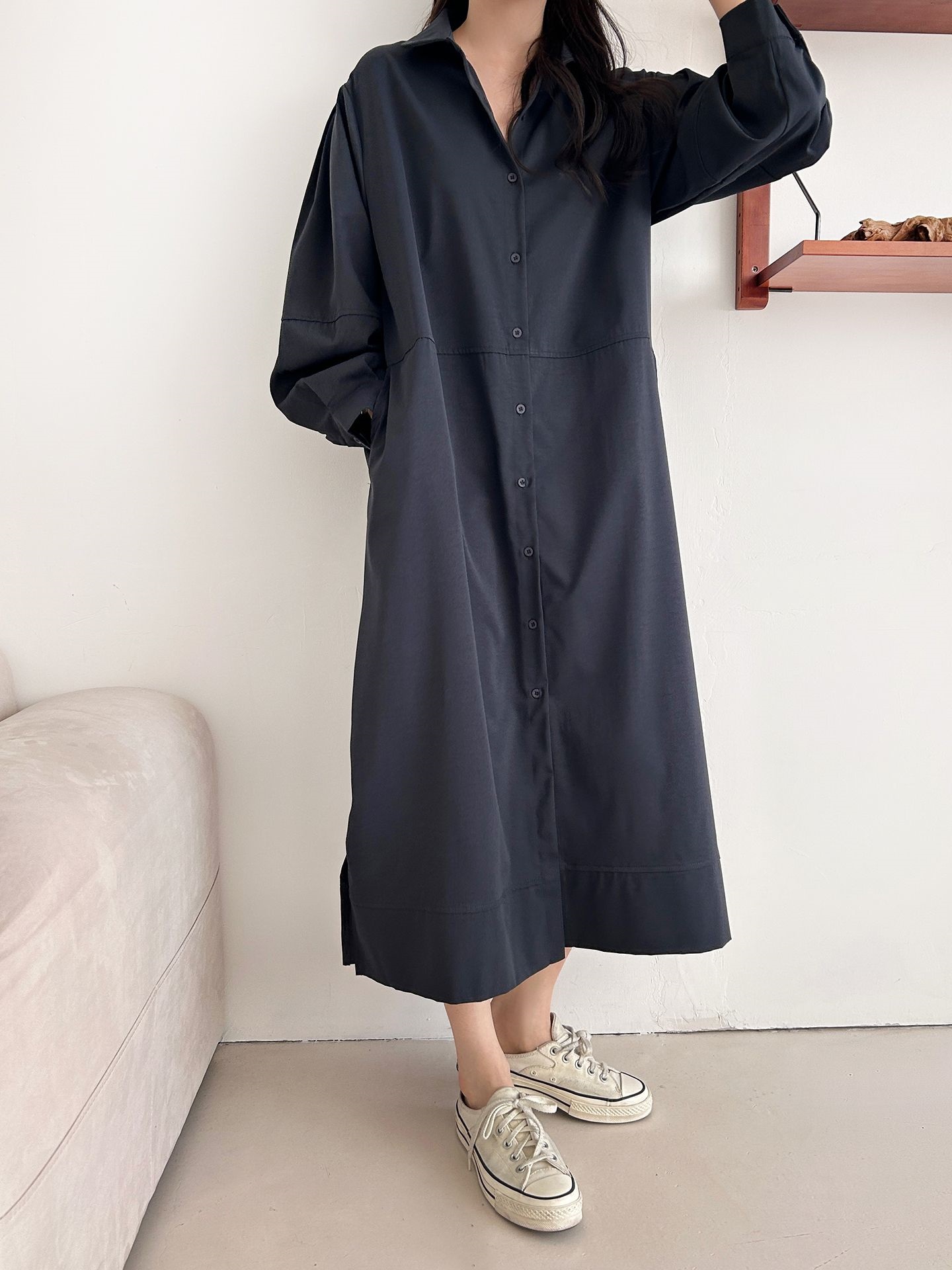 ボタンカラースリットピンタックポケットラインオーバーサイズ長袖ボタンスリーブ無地シャツワンピース | 詳細画像5