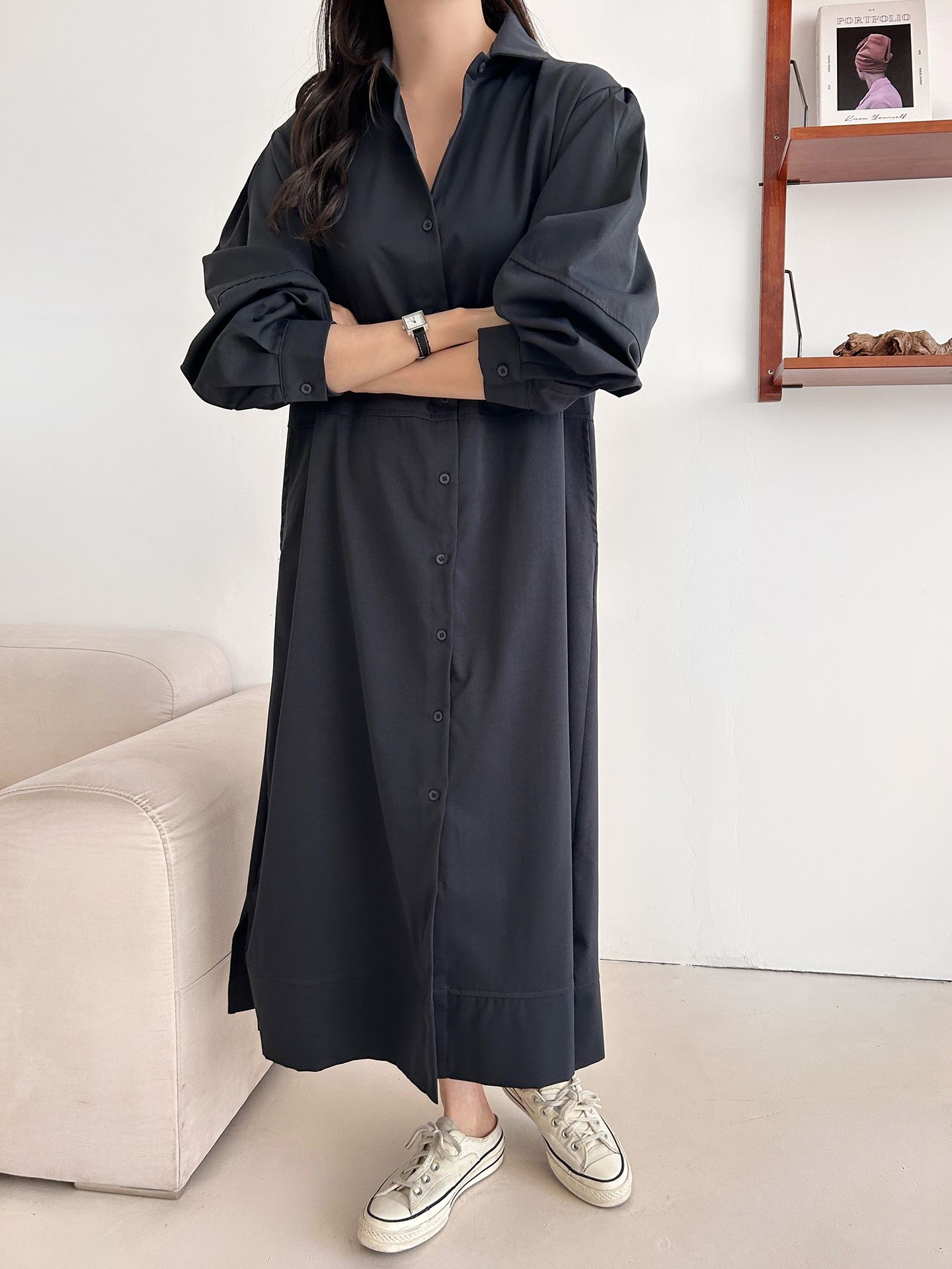 ボタンカラースリットピンタックポケットラインオーバーサイズ長袖ボタンスリーブ無地シャツワンピース | 詳細画像6